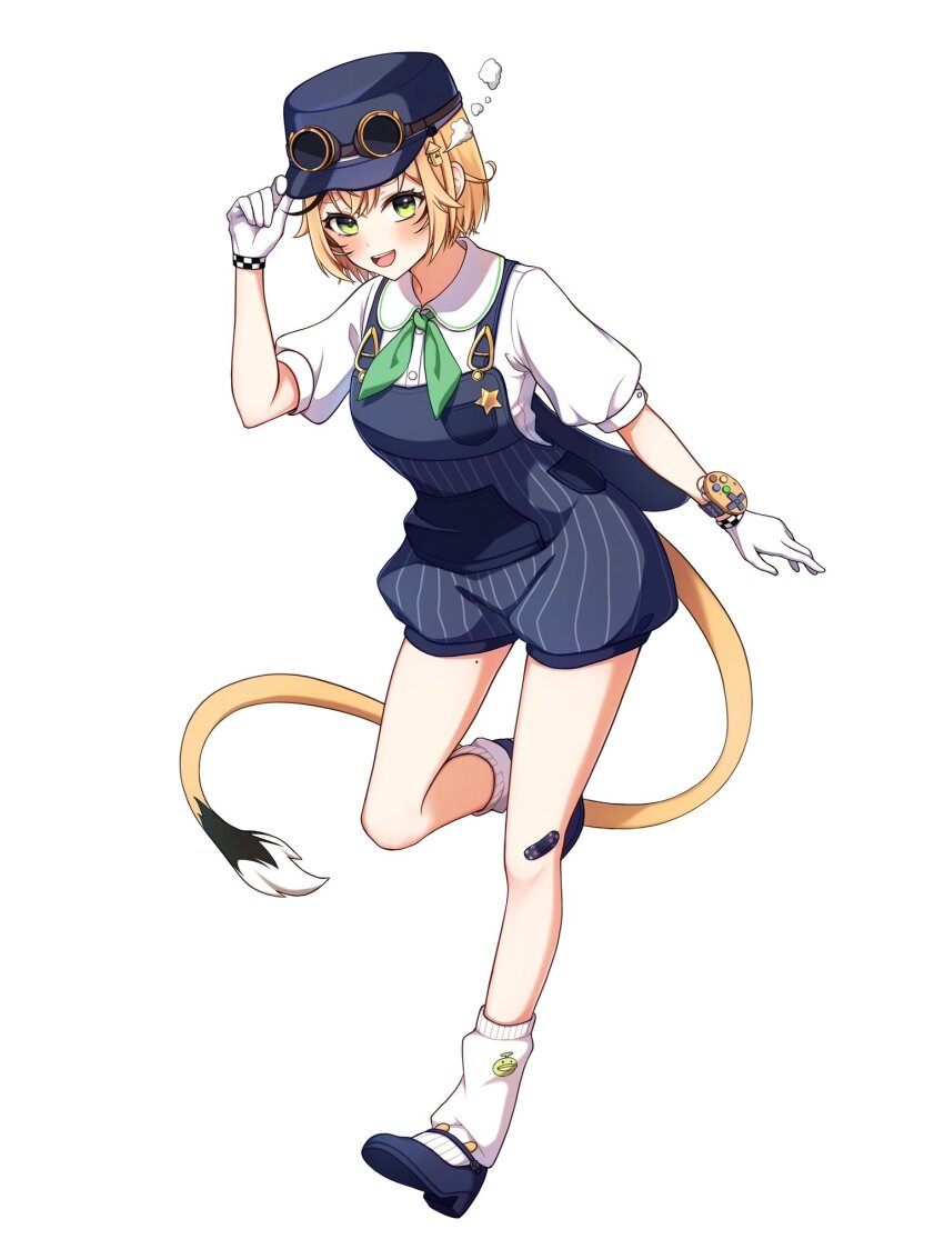 1girl adjusting_clothes adjusting_headwear bandaid bandaid_on_leg black_hair blonde_hair blue_overalls checkered_gloves checkered_wristband controller dooby_(vtuber) full_body game_controller gamepad gloves goggles goggles_on_headwear green_eyes green_neckerchief hat highres indie_virtual_youtuber jerboa_tail looking_at_viewer loose_socks luyuluyu mary_janes multicolored_hair neckerchief open_mouth overall_shorts overalls pinstripe_overalls shoes short_hair smile socks steam striped_overalls tail train_conductor vertical-striped_overalls virtual_youtuber white_background white_gloves white_socks wristband