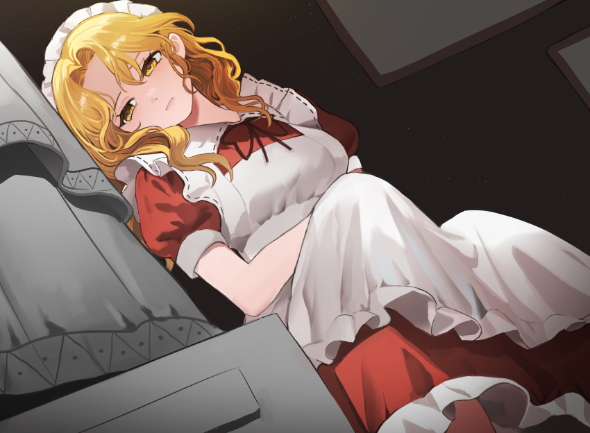 1girl absurdres apron blonde_hair commission dress dutch_angle highres maid_apron maid_headdress pixiv_commission red_dress sarukana solo touhou touhou_(pc-98) wavy_hair yellow_eyes yumeko_(touhou)