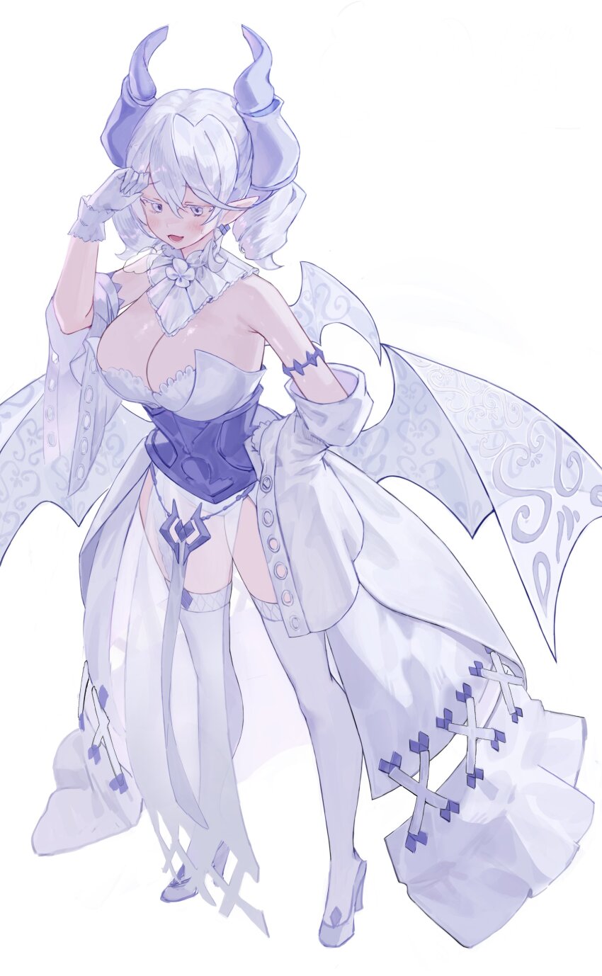 1girl absurdres armlet bare_shoulders blush breasts demon_girl demon_horns demon_wings detached_collar duel_monster earrings full_body gloves grey_corset grey_eyes hair_between_eyes hand_on_own_hip high_heels highres horns jewelry jucie_oz_(user_tntm4757) large_breasts lovely_labrynth_of_the_silver_castle open_mouth pointy_ears see-through_clothes simple_background smile solo thighhighs transparent_wings white_background white_gloves white_hair white_thighhighs wings yu-gi-oh!