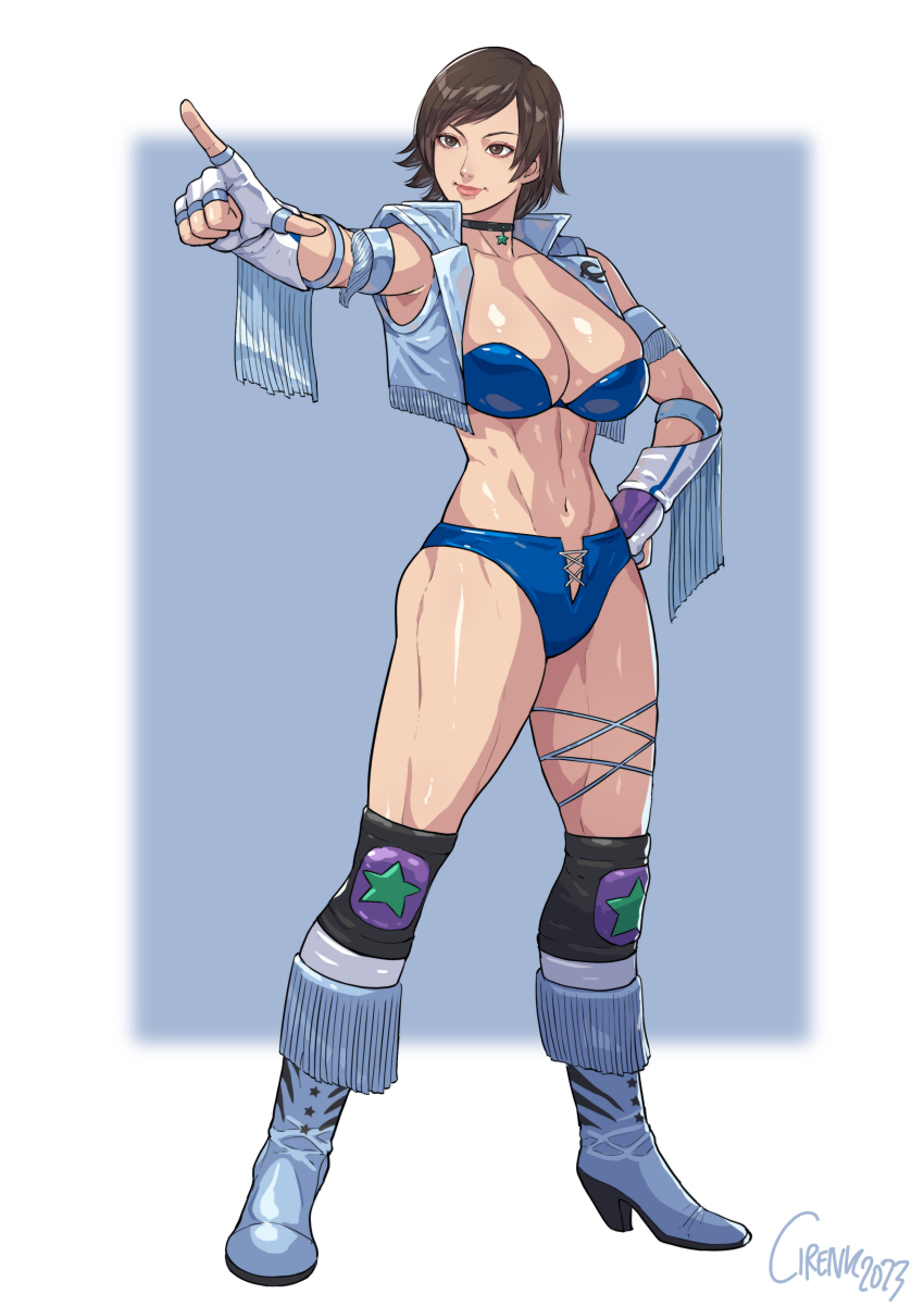 1girl 2023 abs absurdres artist_name bikini blue_bikini boots breasts brown_eyes brown_hair choker cirenk cleavage commentary fingerless_gloves gloves highres kazama_asuka large_breasts short_hair solo swimsuit tekken toned toned_female