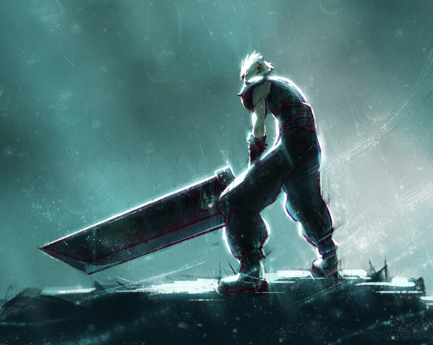 1boy armor blonde_hair boots buster_sword cloud_strife commentary english_commentary final_fantasy final_fantasy_vii final_fantasy_vii_remake from_behind full_body highres huge_weapon hunched_over limited_palette male_focus pants pauldrons rain short_hair shoulder_armor single_bare_shoulder single_pauldron sleeveless solo standing suspenders sword tylor_hepner weapon