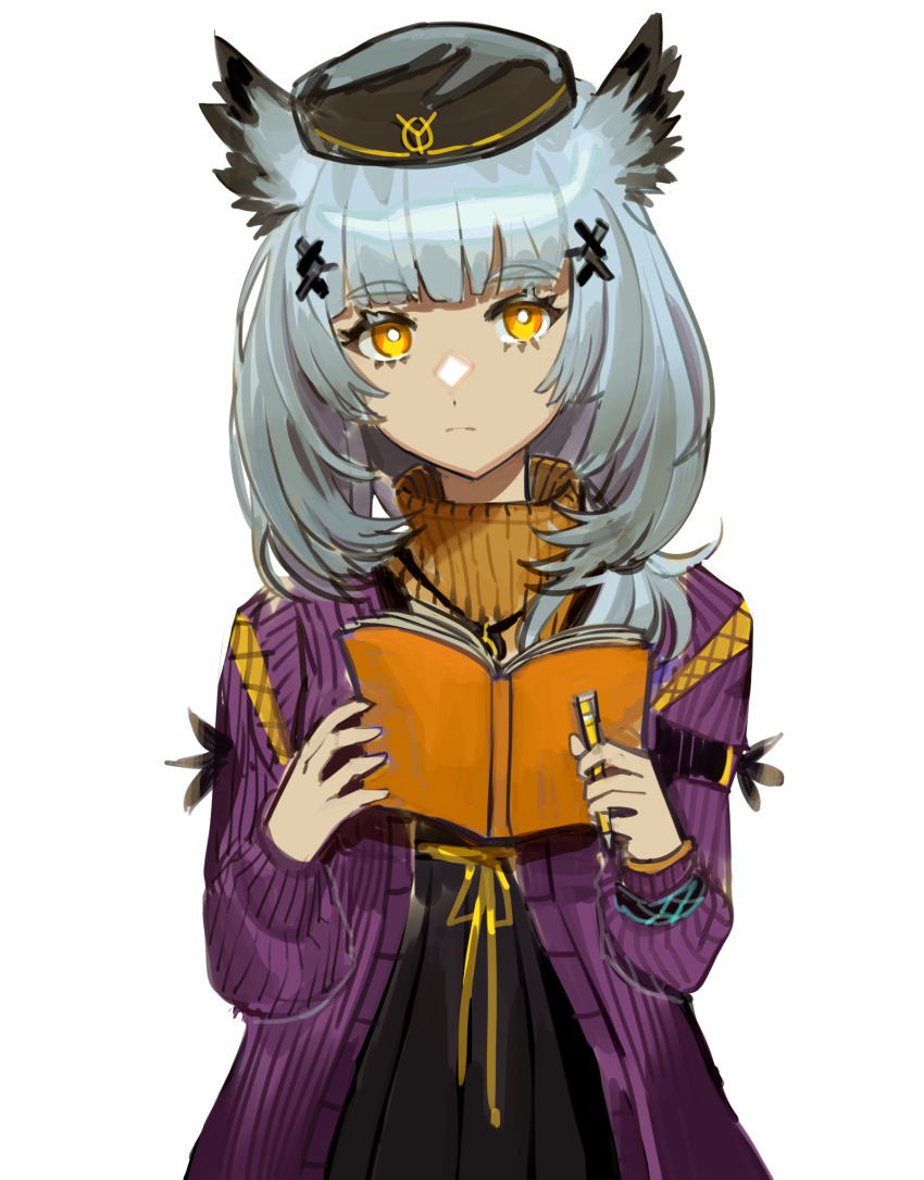 1girl arknights black_dress black_headwear book comiclove1314 dress grey_hair hair_ornament highres holding holding_book holding_pencil infection_monitor_(arknights) jacket looking_at_viewer medium_hair official_alternate_costume open_book open_clothes open_jacket owl_ears pencil ptilopsis_(arknights) ptilopsis_(serenity)_(arknights) purple_jacket simple_background solo straight-on white_background x_hair_ornament yellow_eyes