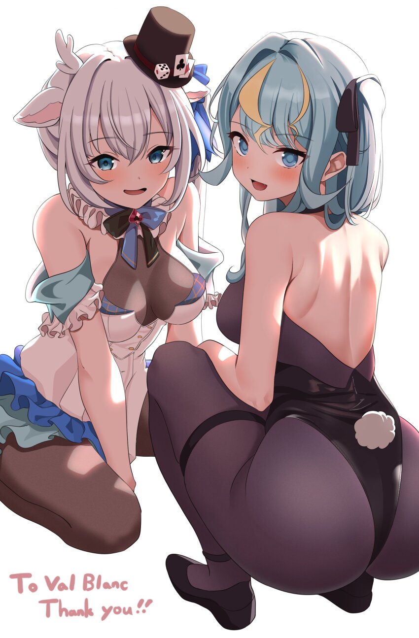 2girls absurdres animal_ears antlers aqua_hair arm_cuffs arm_garter ass between_legs black_leotard blonde_hair blue_bow blue_eyes blue_hair bow breasts commission cosplay costume_switch deer_antlers deer_ears deer_girl dice fake_tail fang from_behind grey_hair hakushika_iori hand_between_legs hat highleg highleg_leotard highres horns kaminari_clara leotard long_hair looking_at_viewer looking_back medium_breasts mini_hat mini_top_hat multicolored_hair multiple_girls open_mouth pantyhose phase_connect playboy_bunny rabbit_tail ribbon sitting skeb_commission spade_(shape) squatting streaked_hair suzuushi tail top_hat virtual_youtuber white_background white_leotard