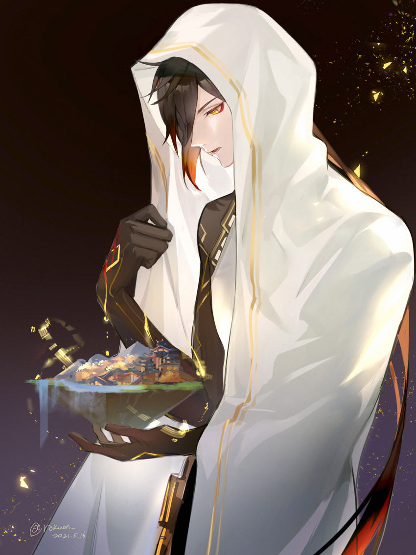 1boy alternate_costume architecture arm_tattoo bare_shoulders black_background brown_hair cloak coat commentary_request east_asian_architecture floating_island from_side genshin_impact gradient_hair hair_between_eyes highres hood hood_up hooded_cloak light_particles long_hair male_focus multicolored_hair open_mouth orange_hair ponytail rokuon simple_background sleeveless solo tattoo white_cloak white_coat yellow_eyes zhongli_(archon)_(genshin_impact) zhongli_(genshin_impact)
