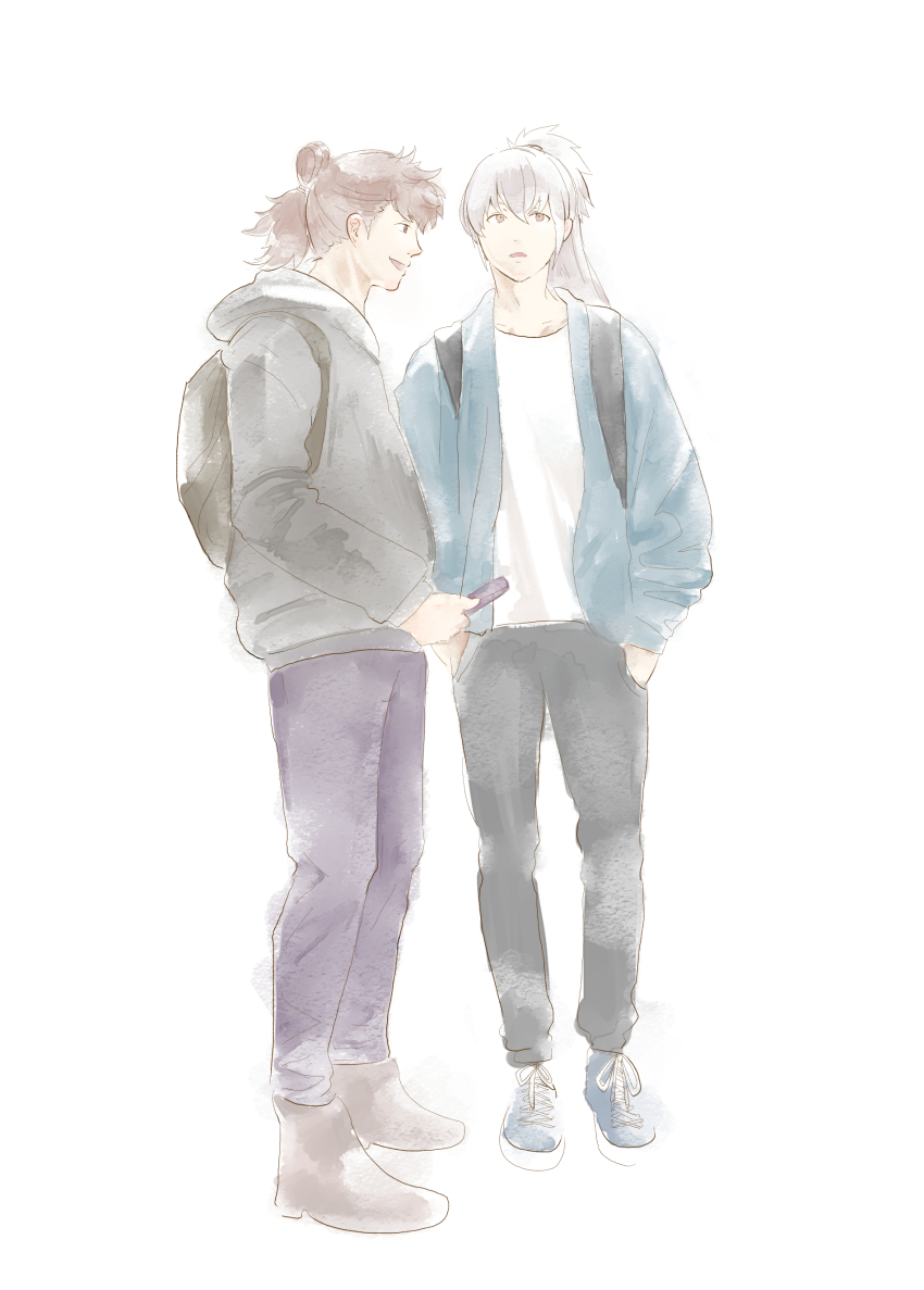 2boys absurdres backpack bag bavaa black_pants brown_hair fire_emblem fire_emblem_fates grey_hair high_ponytail highres hinata_(fire_emblem) hood hoodie multiple_boys nintendo pants ponytail purple_pants takumi_(fire_emblem)