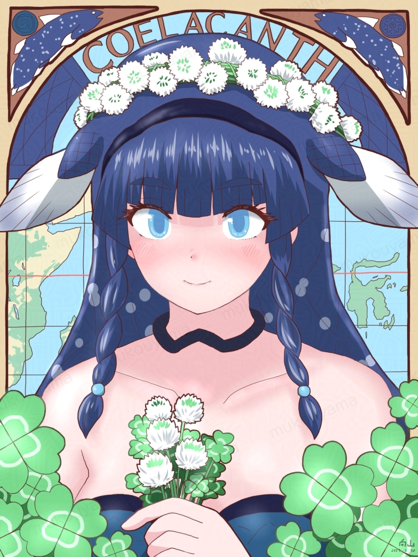 1girl bare_shoulders black_choker black_hairband blue_eyes blue_hair blue_shirt blunt_bangs blush braid choker clover coelacanth_(kemono_friends) collarbone fins fish_girl flower four-leaf_clover hair_flower hair_ornament hairband head_fins highres kemono_friends long_hair looking_at_viewer map map_background mukouyama_mu multicolored_hair shirt side_braid sleeveless smile solo upper_body white_hair