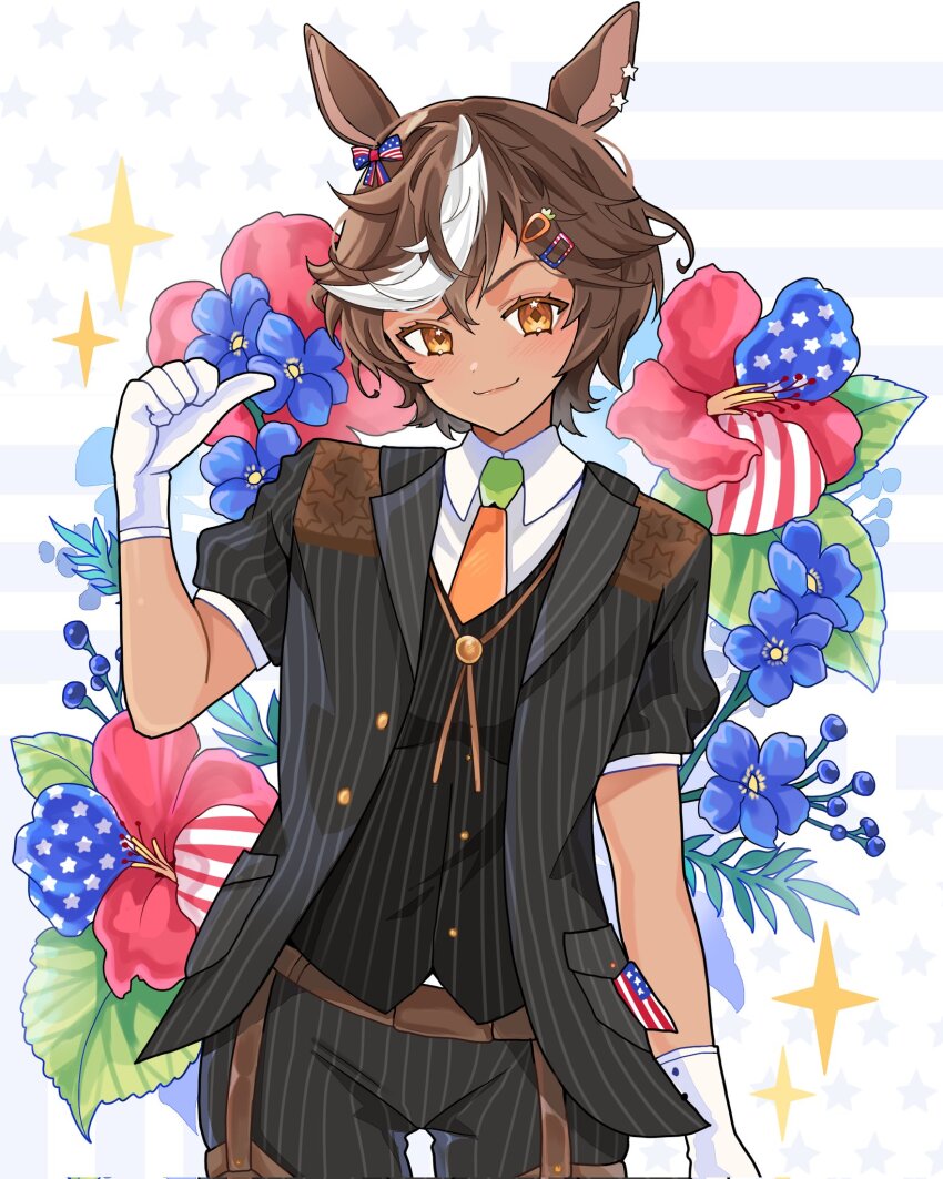 1girl american_flag american_flag_print animal_ears black_jacket black_pants black_vest blue_flower bow brown_eyes brown_hair closed_mouth collared_shirt corrupted_twitter_file flag_print flower gloves green_necktie hair_bow hair_ornament hairclip highres horse_ears horse_girl indie_virtual_youtuber jacket luna_(l000llaby) multicolored_bow multicolored_hair necktie orange_necktie pants pink_flower second-party_source shirt short_hair solo star_(symbol) star_in_eye star_print streaked_hair striped_clothes striped_jacket striped_pants striped_vest symbol_in_eye tomoe_umari tomoe_umari_(presidential) two-tone_necktie vertical-striped_clothes vertical-striped_jacket vertical-striped_pants vertical-striped_vest vest virtual_youtuber white_gloves white_hair white_shirt