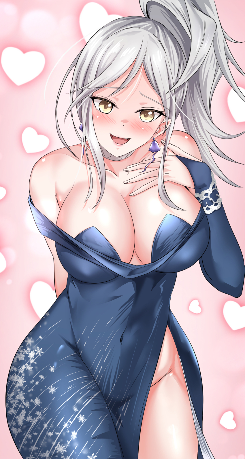 1girl :d absurdres arm_behind_back bare_shoulders benzhu_(benzhu0617) blue_dress blush breasts cleavage covered_navel dress eternity_(reverse:1999) furrowed_brow hand_on_own_chest heart heart_background highres impossible_clothes jellyfish_earrings large_breasts looking_at_viewer medium_hair off_shoulder open_mouth pink_background ponytail reverse:1999 side_slit single_sleeve smile solo white_hair yellow_eyes