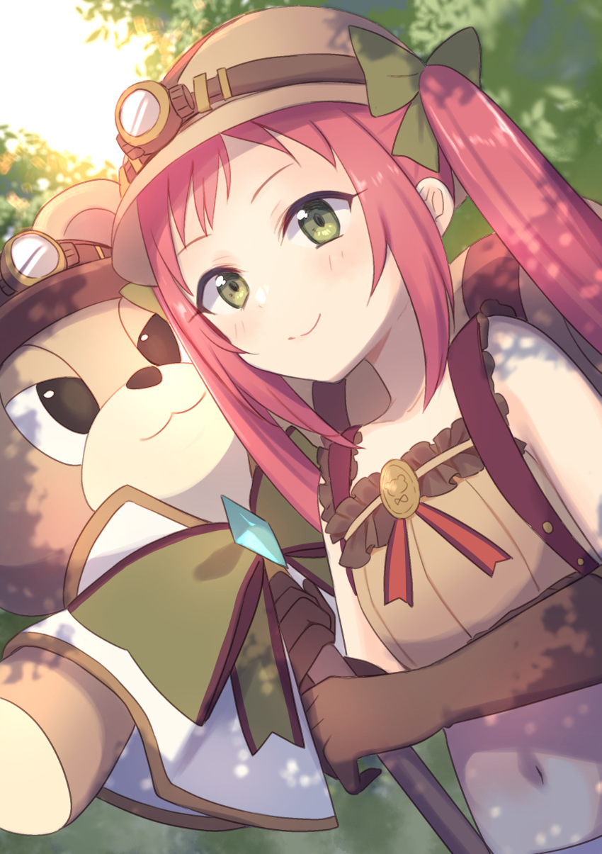 1girl absurdres ayane_(explorer)_(princess_connect!) ayane_(princess_connect!) bare_shoulders blush bow brown_camisole brown_gloves brown_headwear camisole closed_mouth crop_top day dutch_angle elbow_gloves gloves green_bow green_eyes gucchiann hair_bow highres holding long_hair navel outdoors princess_connect! red_hair smile solo stuffed_animal stuffed_toy teddy_bear twintails very_long_hair