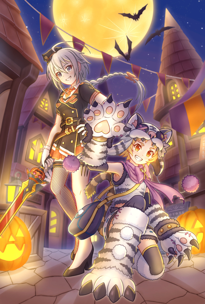 2girls ahoge aiguillette animal_hands animal_hat animal_print bat_(animal) belt belt_pouch black_belt black_footwear blonde_hair bow braid braided_ponytail breasts cobblestone fishnet_thighhighs fishnets gloves gold_buckle green-x grey_eyes grin hair_bow halloween halloween_costume hand_on_own_hip hat high_heels highres holding holding_sword holding_weapon kunai low_ponytail matsuri_(halloween)_(princess_connect!) matsuri_(princess_connect!) medium_breasts moon multiple_girls necktie night night_sky official_alternate_costume on_one_knee orange_eyes orange_necktie orange_skirt outdoors paw_gloves paw_shoes police police_hat police_uniform ponytail pouch princess_connect! pumpkin purple_scarf red_bow scarf short_hair short_necktie short_sleeves single_bare_leg skirt sky smile star_(sky) sword teeth thighhighs tiger_hat tiger_paws tiger_print tilted_headwear tomo_(halloween)_(princess_connect!) tomo_(princess_connect!) weapon white_gloves white_hair