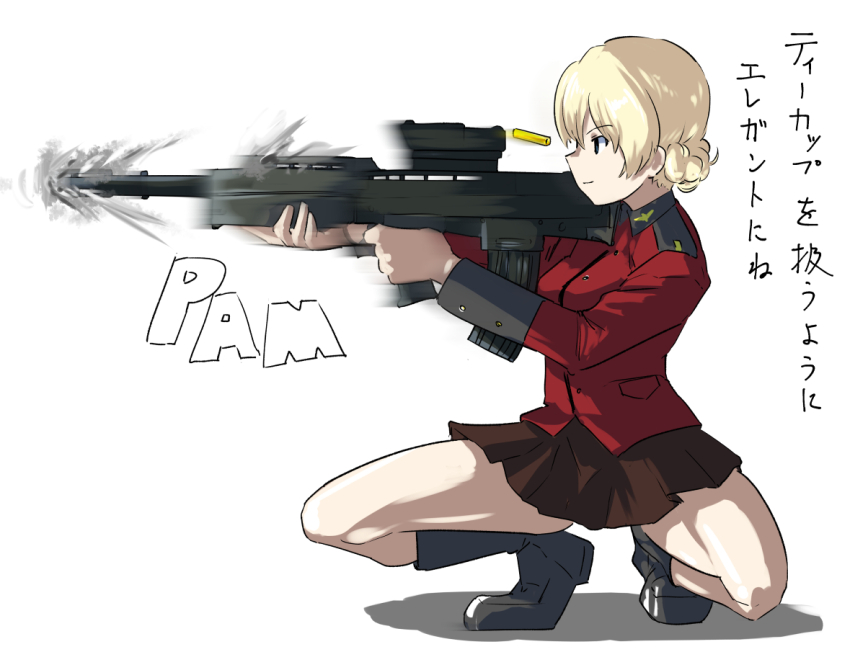 1girl assault_rifle black_boots black_skirt blonde_hair blue_eyes boots braid bullpup closed_mouth commentary darjeeling_(girls_und_panzer) firing full_body girls_und_panzer gun gunslinger_girl holding holding_gun holding_weapon jacket l85 long_sleeves looking_to_the_side megakura_kinshi military_uniform miniskirt motion_blur pleated_skirt red_jacket rifle shadow short_hair skirt smile solo squatting st._gloriana&#039;s_military_uniform translated weapon weapon_request