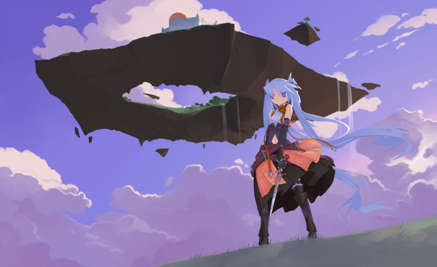 1girl belt black_thighhighs blue_eyes boots clothing_cutout cloud cloudy_sky dagger dress female_focus floating_island gunblade highres knee_boots knife long_hair mof mof&#039;s_silver_haired_twintailed_girl navel navel_cutout ribbon sky sleeveless solo standing thighhighs twintails very_long_hair weapon white_hair wind