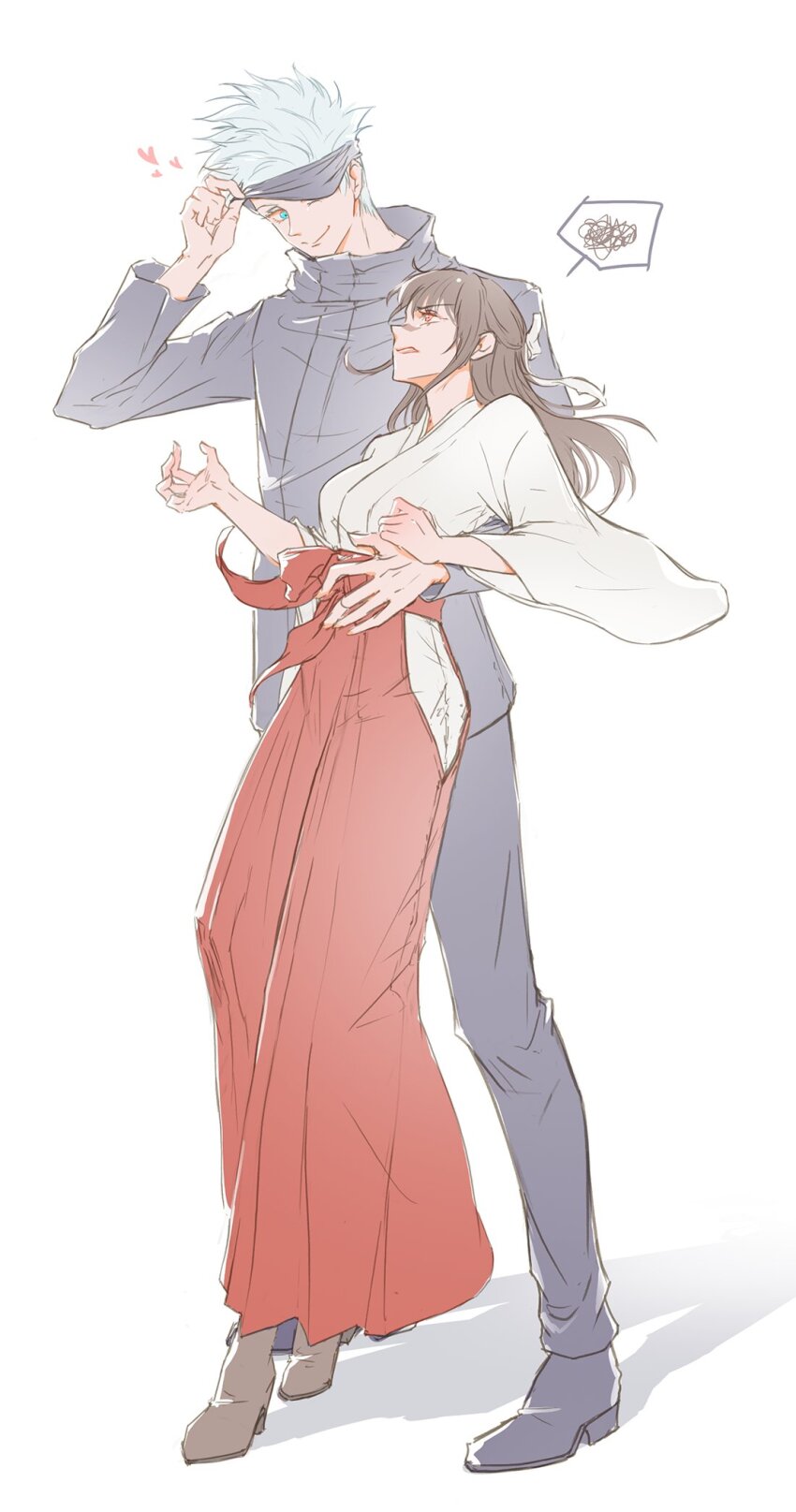 1boy 1girl annoyed black_jacket black_pants black_shoes blindfold blindfold_lift blue_eyes boots bow brown_boots brown_hair couple eeeng_l facial_mark floating_hair floating_sleeves gojou_satoru hair_between_eyes hair_bow hair_ribbon half_updo hand_on_another&#039;s_hand hand_on_another&#039;s_waist heart height_difference highres iori_utahime jacket japanese_clothes jujutsu_kaisen kimono long_hair long_skirt long_sleeves looking_at_another looking_down looking_up mature_female mature_male one_eye_closed orange_eyes pants parted_lips red_skirt ribbon scar scar_on_face shoes short_hair sidelocks simple_background skirt smile speech_bubble spiked_hair white_background white_bow white_hair white_kimono white_ribbon wide_sleeves
