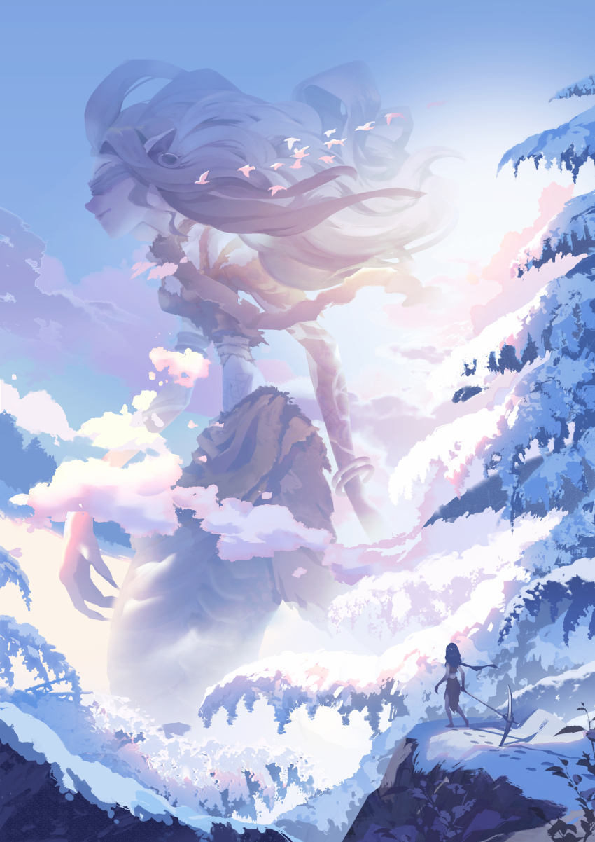 2girls absurdres bird blindfold bracelet breasts brown_shirt brown_skirt closed_mouth cloud day fingernails floating_hair footprints giant giantess highres ice_(805482263) identity_v jewelry long_fingernails long_hair multiple_girls outdoors pickaxe pine_tree plant pointy_ears profile purple_sky purple_theme shirt skirt sky small_breasts snow standing sunlight torn_clothes tree walking white_bird winter yidhra_(identity_v)