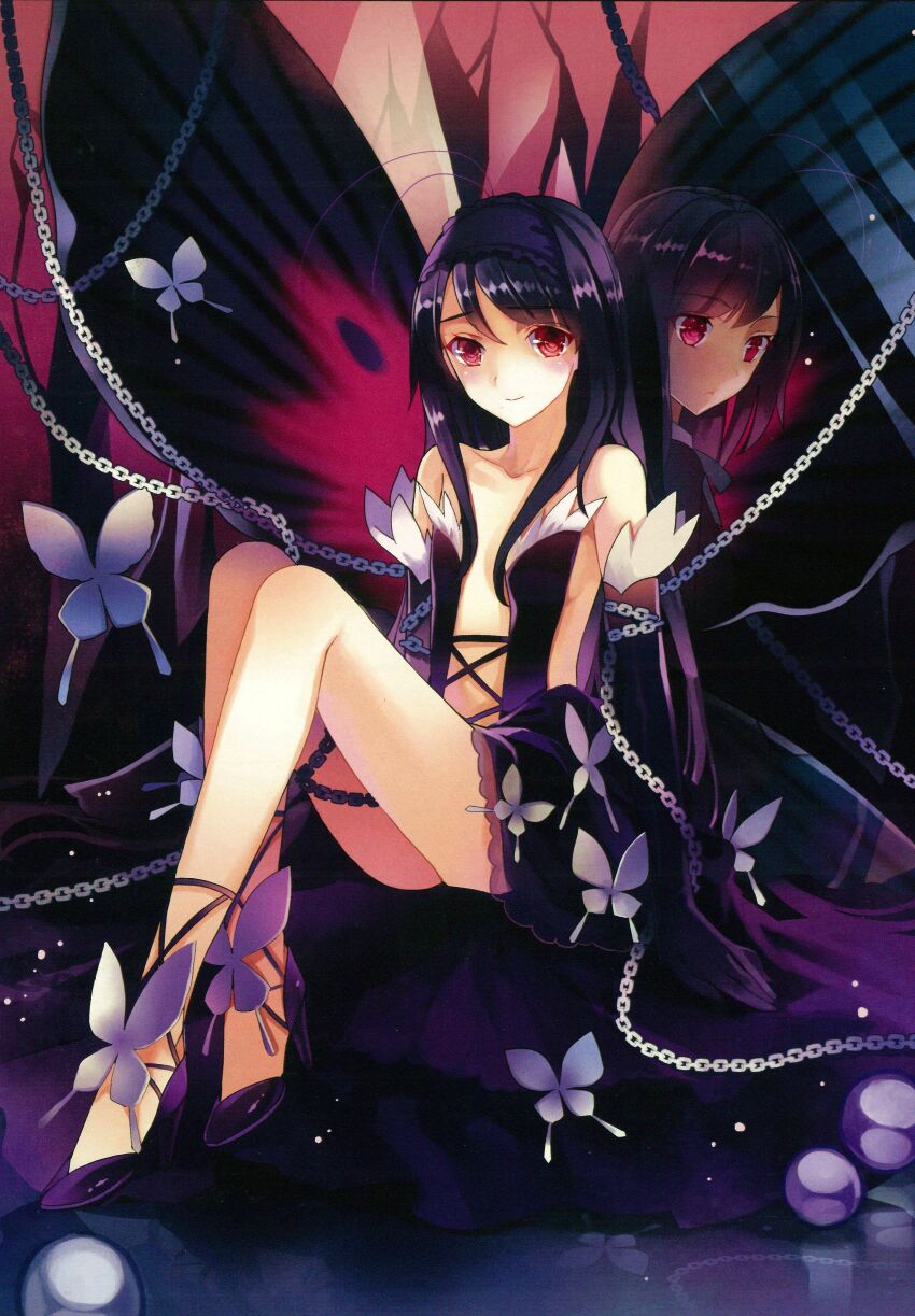 absurdres accel_world black_dress black_hair black_lotus_(accel_world) butterfly_wings chain dress elbow_gloves gloves high_heels highres insect_wings kuroyukihime legs long_hair red_eyes wings