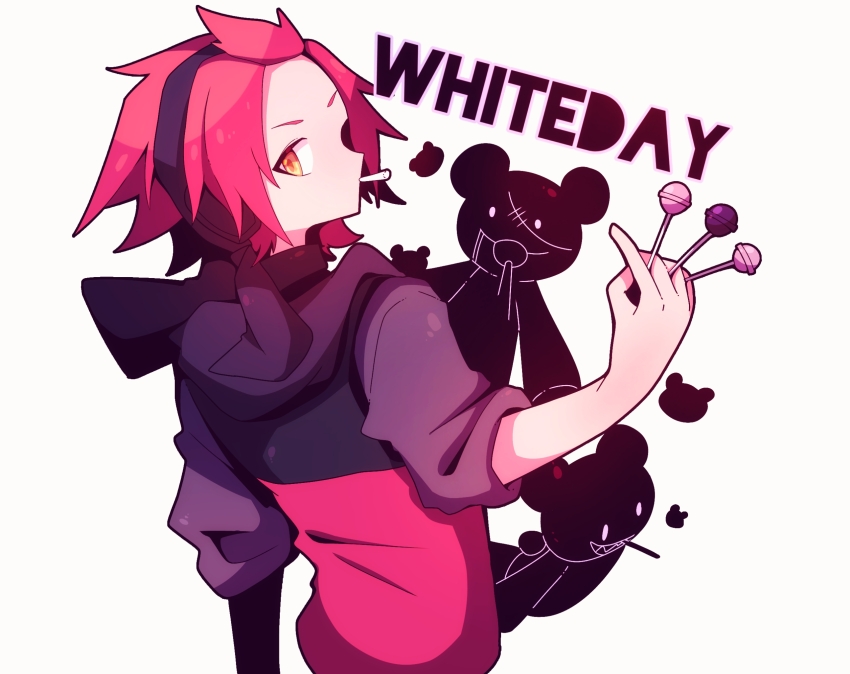 1bitheart 1boy black_headband black_hoodie candy facing_to_the_side food headband highres holding holding_candy holding_food holding_lollipop hood hood_down hoodie kujoh_akitaka lollipop long_sleeves looking_at_viewer looking_back male_focus multicolored_hoodie ohamihaeru orange_eyes red_hair red_hoodie short_hair solo stuffed_animal stuffed_toy teddy_bear white_day
