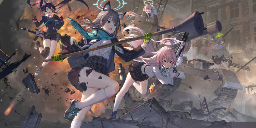 &gt;_&lt; 5girls ahoge animal_ear_fluff animal_ears anti-tank_grenade assault_rifle beretta_1301 beretta_ar70/90 black_hair blazer blue_archive blue_eyes blue_necktie blue_scarf blurry bow brown_eyes brown_hair bullet cardigan cat_ears cat_girl collared_shirt commentary_request crusader_(tank) depth_of_field explosion explosive fire gatling_gun gloves green_eyes green_gloves grenade grey_hair gun hair_between_eyes hair_bow hair_ribbon halo hifumi_(blue_archive) highres holding holding_gun holding_weapon hoshino_(blue_archive) jacket knee_pads long_hair long_sleeves m134_minigun medium_hair military_vehicle mismatched_pupils motor_vehicle mouth_hold multiple_girls necktie nonomi_(blue_archive) open_cardigan open_clothes outdoors pink_hair plaid_clothes plaid_skirt pleated_skirt red_eyes red_gloves ribbon riding rifle scarf school_uniform serafuku serika_(blue_archive) shiroko_(blue_archive) shirt shoulder_strap sidelocks skirt swd3e2 tank twintails two-tone_gloves weapon wind wolf_ears wolf_girl