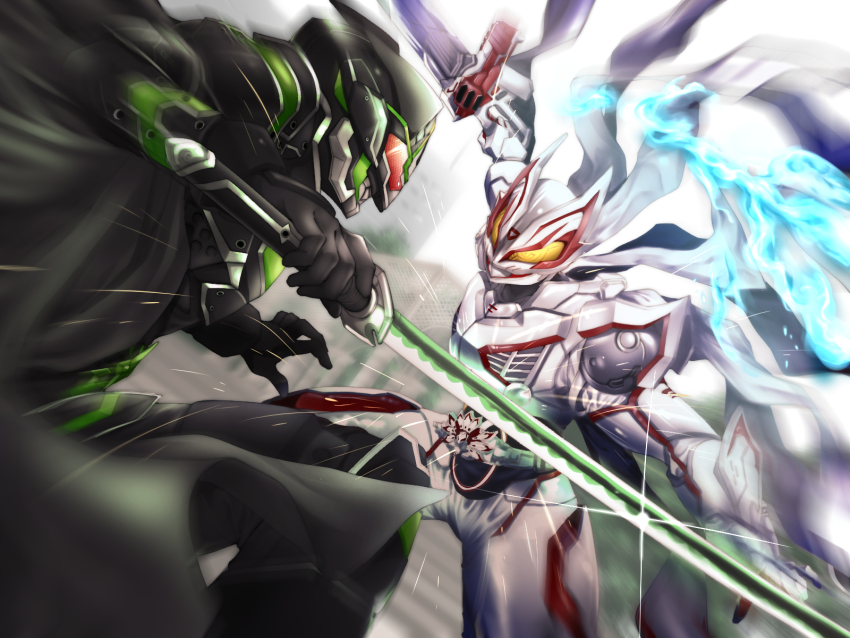 2boys animal_ears armor battle black_armor black_bodysuit bodysuit boost_mark_ix_buckle bujinsword_buckle cape desire_driver dooms_geats_core_id extra_tails fox fox_ears fox_mask geats_buster_qb9 glowing glowing_eyes gunblade helmet highres holding holding_sword holding_weapon kamen_rider kamen_rider_geats kamen_rider_geats_(series) kamen_rider_geats_ix kamen_rider_tycoon kamen_rider_tycoon_bujinsword katana kitsune male_focus mask multiple_boys ninja_buckle power_armor raccoon_ears raise_buckle red_eyes red_hayao red_visor rider_belt shogun sword tokusatsu weapon white_armor yellow_eyes