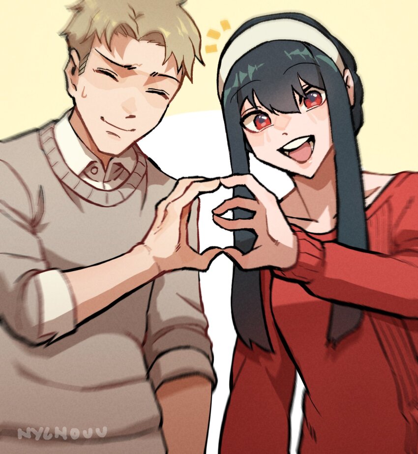 1boy 1girl :d among_us artist_name black_hair blonde_hair closed_eyes collared_shirt crewmate_(among_us) grey_sweater hairband highres long_hair meme nycnouu open_mouth red_eyes red_sweater shirt short_hair smile spy_x_family sweatdrop sweater twilight_(spy_x_family) upper_body white_shirt yor_briar