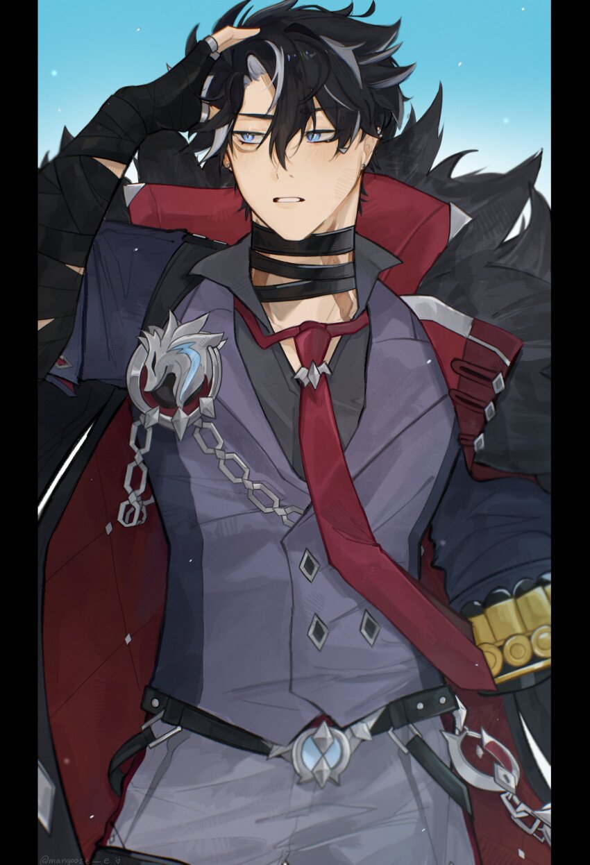 1boy absurdres bandaged_neck bandages black_bandages black_gloves black_hair black_shirt blue_background blue_eyes coat coat_on_shoulders facing_viewer fingerless_gloves genshin_impact gloves grey_pants grey_vest hair_between_eyes hand_on_own_head hand_up highres looking_to_the_side male_focus miki_(mangoose_e) multicolored_hair necktie pants parted_lips pillarboxed red_necktie scar scar_on_neck shirt short_hair solo streaked_hair upper_body vest wriothesley_(genshin_impact)