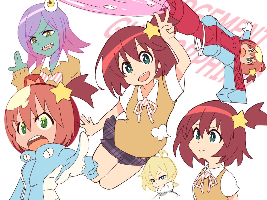 1boy 2girls alpha_omega_nova bluearcadegames brown_hair green_eyes highres judgement_gun_morphing luluco midori_(uchuu_patrol_luluco) multiple_girls smile spacesuit thighs uchuu_patrol_luluco