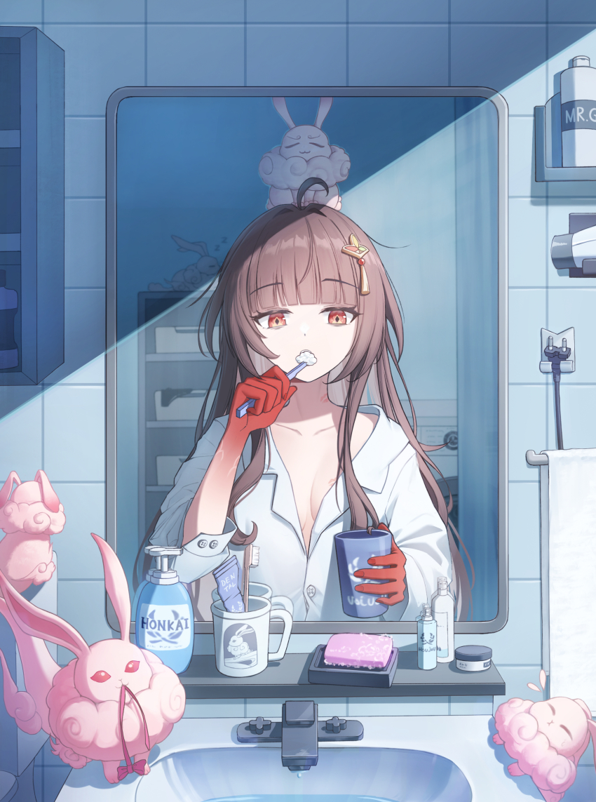 1girl absurdres ahoge animal animal_on_head bar_soap bathroom blunt_bangs breasts brown_hair brushing_teeth cleavage collared_shirt colored_extremities colored_skin commentary cup diamond-shaped_pupils diamond_(shape) faucet fuyuan_(honkai:_star_rail) hashtag-only_commentary highres holding holding_cup holding_toothbrush honkai:_star_rail honkai_(series) indoors lingsha_(honkai:_star_rail) long_hair long_sleeves lotion messy_hair mirror on_head pla0658 red_eyes red_hands red_skin reflection reflection_focus shampoo_bottle shelf shirt sidelocks sink soap_bottle solo symbol-shaped_pupils tile_wall tiles toothbrush toothbrush_in_mouth toothpaste upper_body white_shirt