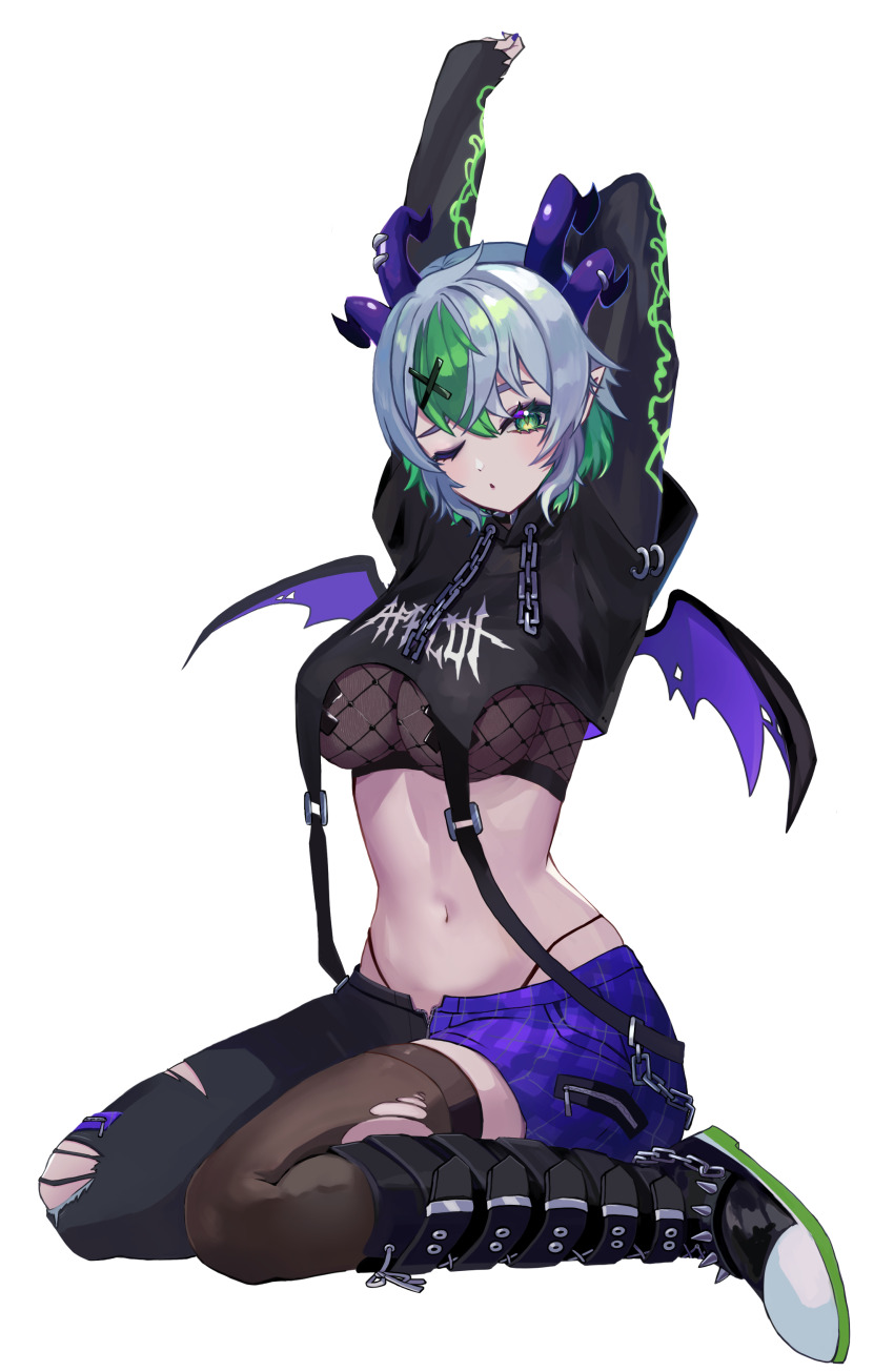 1girl absurdres apricot_the_lich apricot_the_lich_(goth) black_boots black_hoodie black_nails black_panties black_pants boots breasts demon_girl demon_horns demon_wings green_eyes green_hair hair_ornament highleg highleg_panties highres hood hoodie horns large_breasts looking_at_viewer miei multicolored_hair multiple_horns nail_polish navel one_eye_closed open_fly panties pants pointy_ears purple_shorts shorts solo streaked_hair suspender_shorts suspenders thighhighs torn_clothes torn_pants torn_thighhighs underwear virtual_youtuber vshojo wings x_hair_ornament