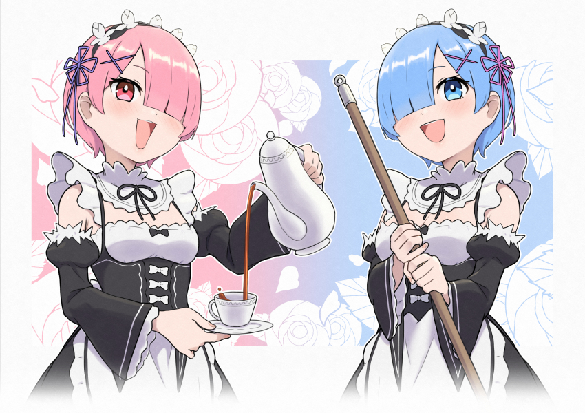 2girls apron arm_up black_bow black_dress black_sleeves blue_eyes blue_hair bow breasts collar cup detached_collar detached_sleeves dress floral_print frilled_apron frills gradient_background hair_ornament hair_over_one_eye hair_ribbon highres holding holding_kettle holding_mop holding_plate kettle maid maid_headdress medium_breasts mop multiple_girls open_mouth pink_eyes pink_hair pink_ribbon plate purple_ribbon ram_(re:zero) re:zero_kara_hajimeru_isekai_seikatsu rem_(re:zero) ribbon short_hair siblings simple_background sisters smile tea teacup teeth twins upper_teeth_only urin_(littleurin) white_apron white_bow white_collar wide_sleeves x_hair_ornament