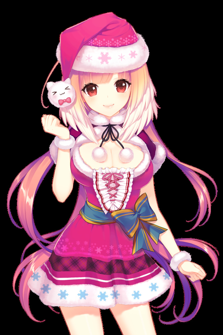 1girl blue_ribbon breasts cat_hair_ornament christmas cleavage dress hair_ornament hat highres large_breasts long_hair looking_at_viewer official_art pink_hair pink_ribbon red_eyes ribbon santa_costume santa_dress santa_hat selena_(soccer_spirits) shirahane_nao snowflake_print soccer_spirits transparent_background