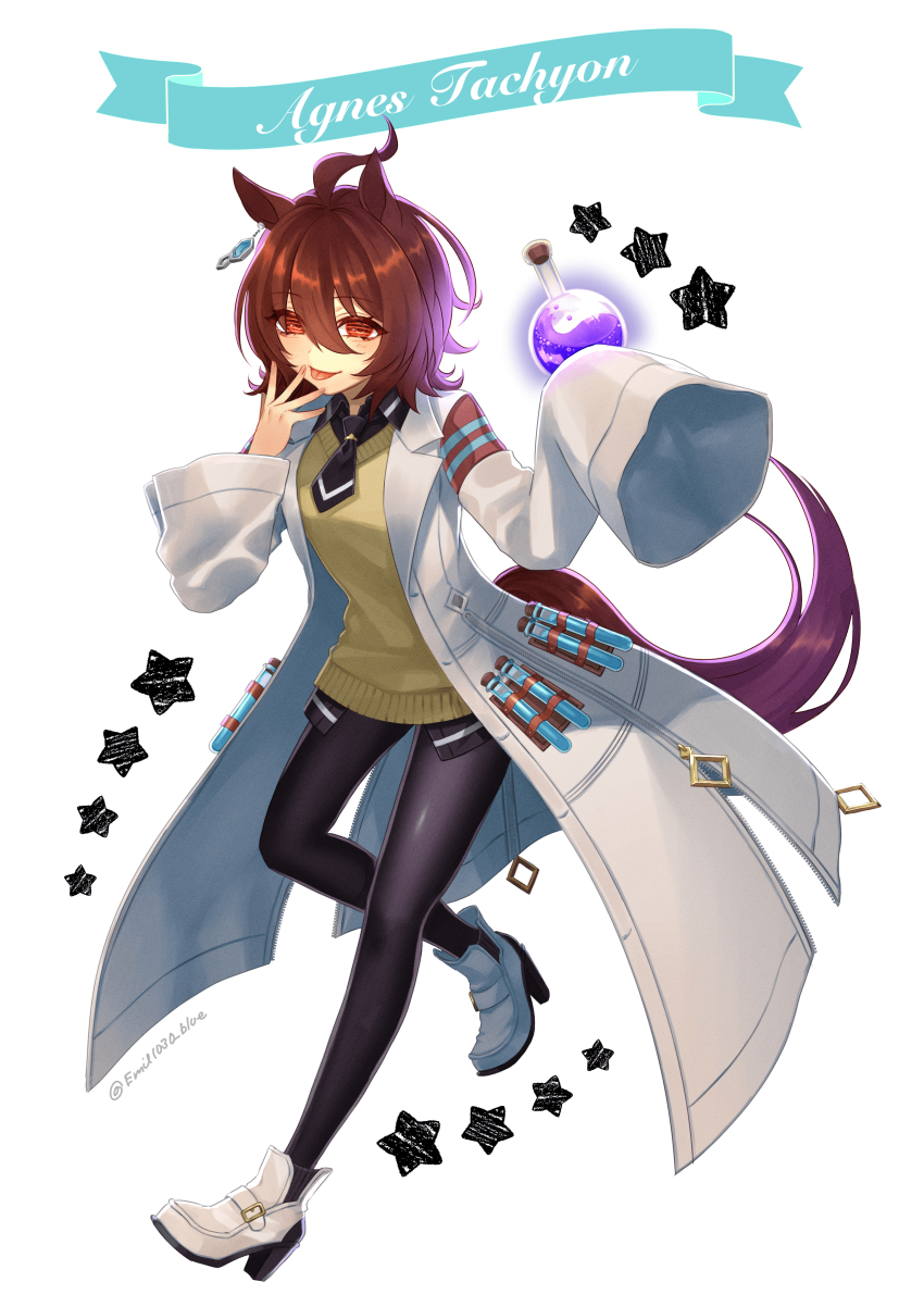 1girl absurdres agnes_tachyon_(umamusume) ahoge animal_ears bandolier belt black_necktie black_pantyhose brown_hair chemical_structure coat commentary_request cork earrings emil1030_blue flask full_body hair_between_eyes high_heels highres horse_ears horse_girl horse_tail jewelry lab_coat long_sleeves looking_at_viewer messy_hair necktie pantyhose red_eyes short_hair simple_background single_earring sleeves_past_fingers sleeves_past_wrists sweater_vest tail test_tube tongue tongue_out twitter_username umamusume umbrella very_long_sleeves volumetric_flask white_background white_coat white_footwear yellow_sweater_vest
