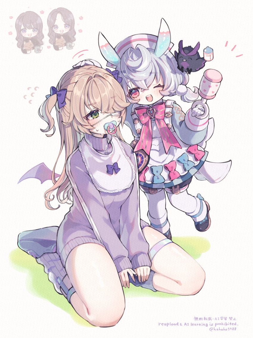 2girls absurdres alternate_costume bat_wings bib blonde_hair character_request commentary eyepatch fischl_(genshin_impact) genshin_impact hair_ribbon highres holding holding_rattle long_hair long_sleeves medical_eyepatch multiple_girls nervous_sweating one_eye_closed open_mouth oz_(genshin_impact) pacifier poponnu purple_ribbon purple_sweater rattle ribbon seiza sigewinne_(genshin_impact) sitting smile sweat sweater symbol-only_commentary watermark wings