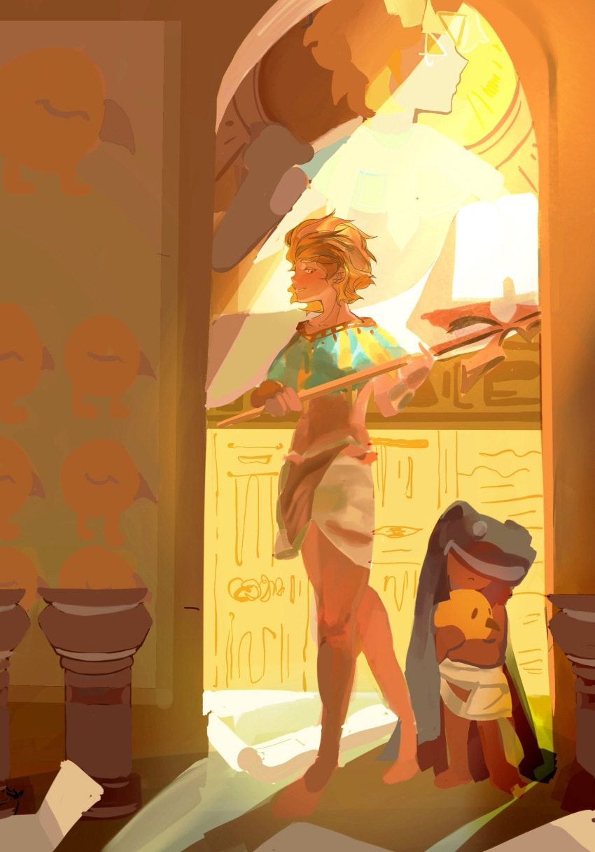 1boy 1girl ancient_egyptian_architecture blonde_hair burnt_cheese_cookie cheesebird child commentary_request cookie_run cookie_run:_kingdom dark-skinned_female dark-skinned_male dark_skin golden_cheese_cookie highres holding holding_polearm holding_weapon polearm short_hair suckew weapon