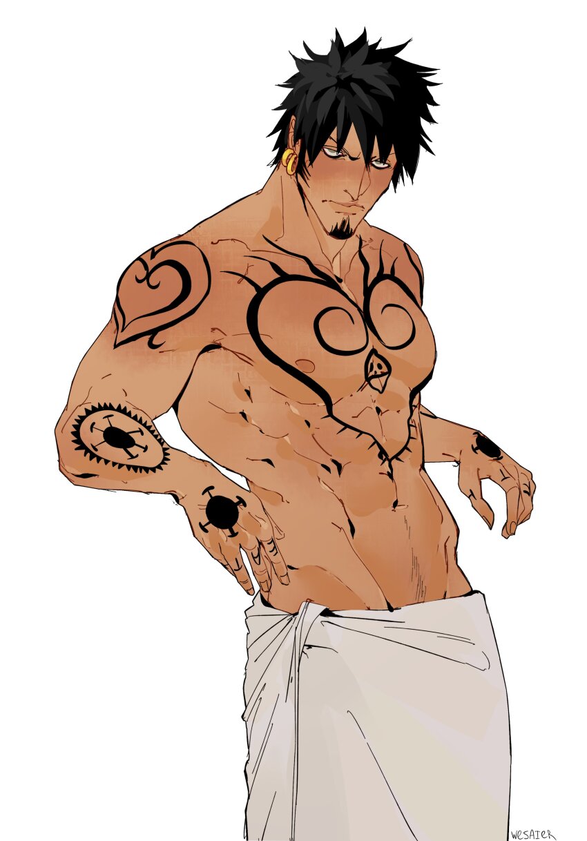 1boy abs absurdres arm_tattoo black_hair chest_tattoo closed_mouth commentary earrings facial_hair finger_tattoo goatee groin hand_tattoo hashtag-only_commentary highres jewelry looking_ahead male_focus multiple_tattoos naked_towel navel nipples one_piece pectorals piercing short_hair shoulder_tattoo simple_background solo tattoo topless_male towel trafalgar_law wesaier white_background