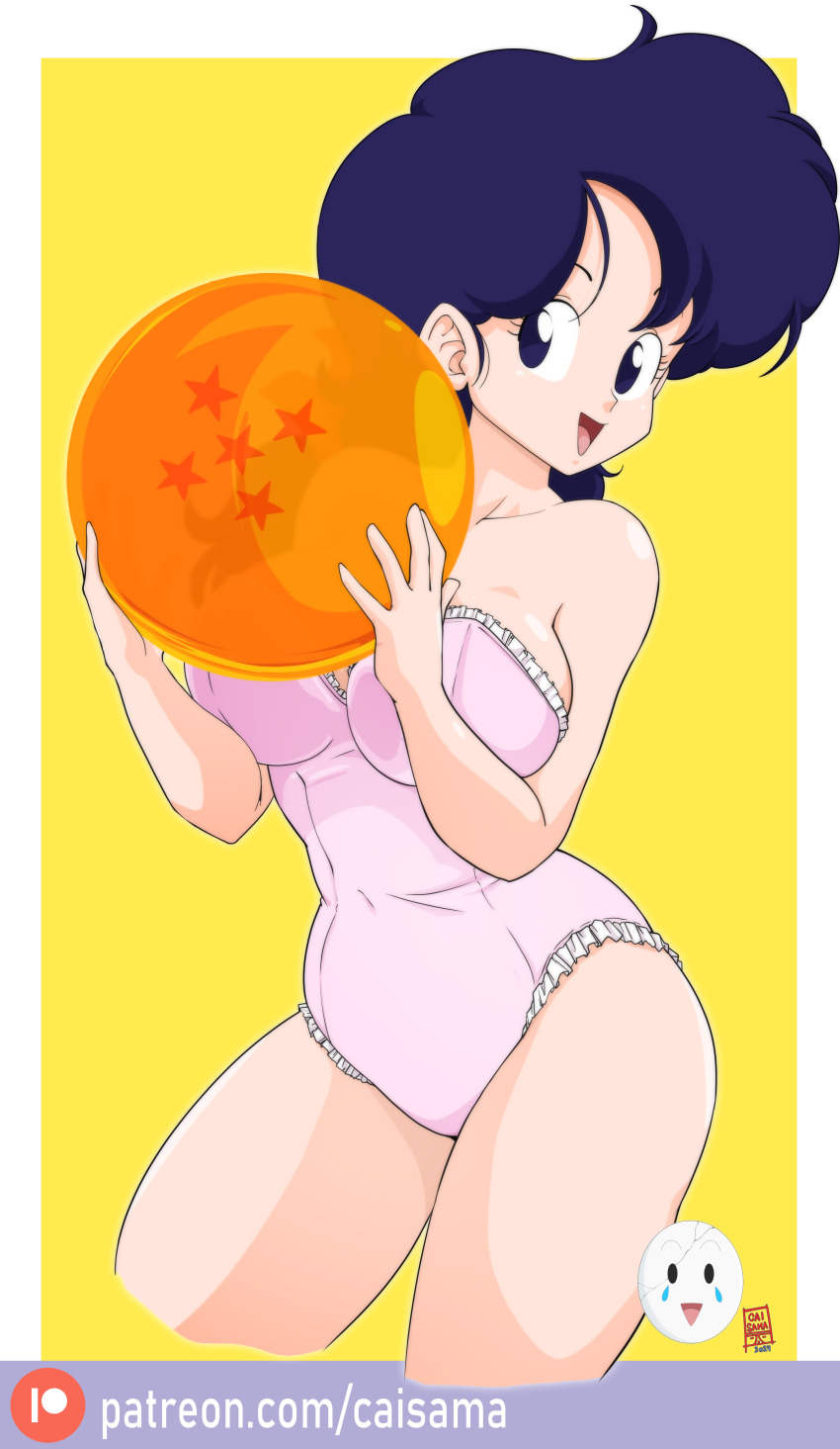 1girl blue_hair breasts caisama dragon_ball dragon_ball_(object) large_breasts long_hair lunch_(dragon_ball) lunch_(good)_(dragon_ball) smile swimsuit