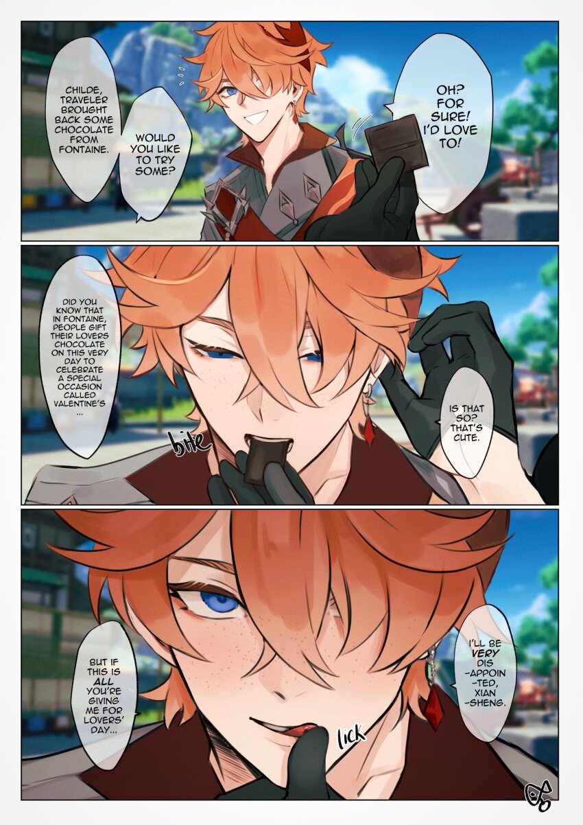 2boys black_gloves blue_eyes chocolate comic english_text genshin_impact gloves highres long_sleeves looking_at_viewer male_focus mask mask_on_head multiple_boys orange_hair pov sexually_suggestive tartaglia_(genshin_impact) uatiorthnab valentine yaoi zhongli_(genshin_impact)