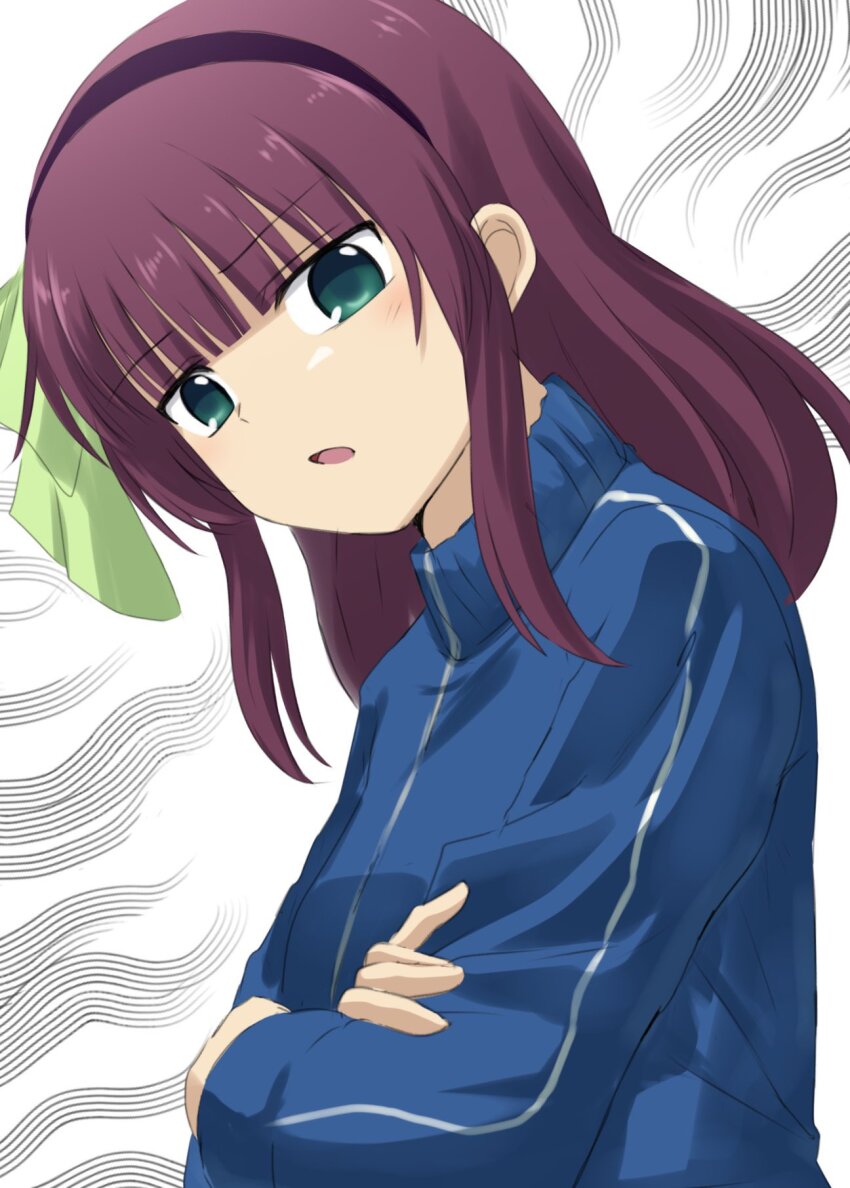 1girl alternate_costume angel_beats! black_hairband blunt_bangs blush bow commentary_request crossed_arms dutch_angle eyes_visible_through_hair frown green_bow green_eyes hair_bow hairband highres jacket lelie_(lelie_link) long_sleeves looking_at_viewer medium_hair nakamura_yuri open_mouth purple_hair sidelocks simple_background solo straight_hair track_jacket upper_body white_background