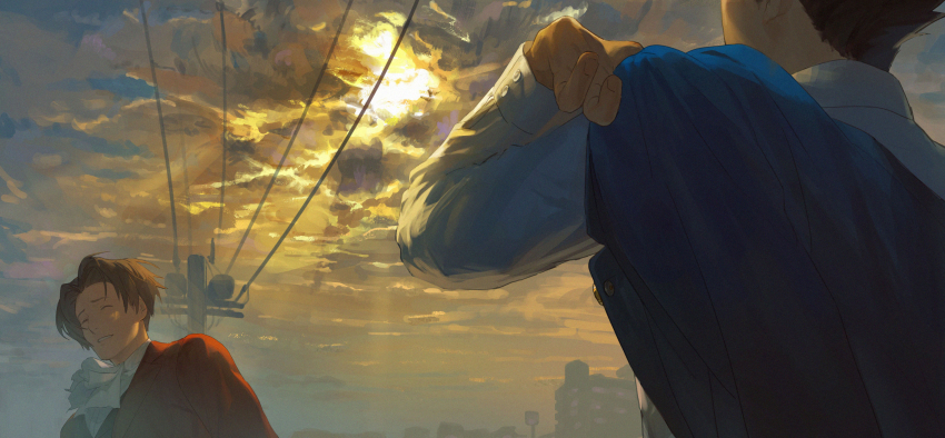 2boys absurdres ace_attorney black_hair cloud cloudy_sky highres kalappo_empty light_rays looking_at_another miles_edgeworth multiple_boys phoenix_wright shirt sky sunbeam sunlight