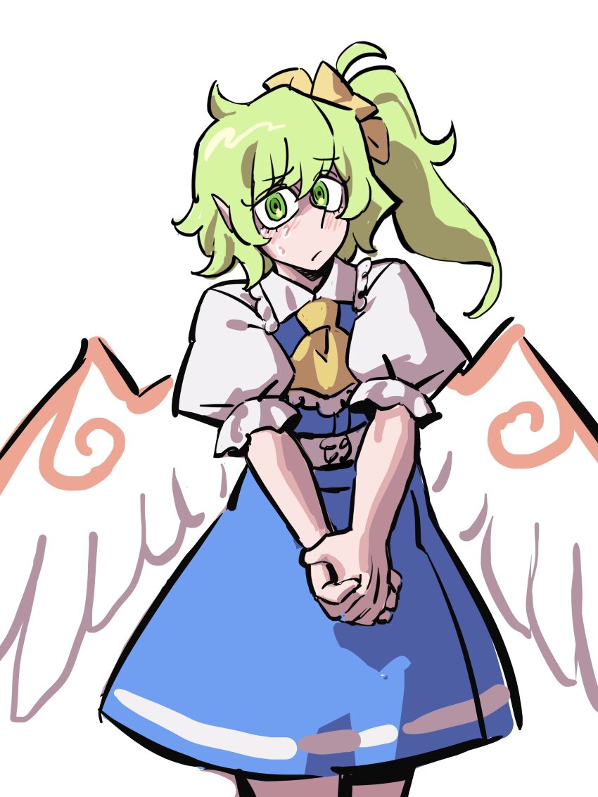 1girl absurdres ascot belt blue_dress closed_mouth commentary daiyousei dress eddybird55555 green_eyes green_hair highres looking_at_viewer medium_hair own_hands_together pointy_ears revision short_sleeves side_ponytail solo touhou white_wings wings yellow_ascot