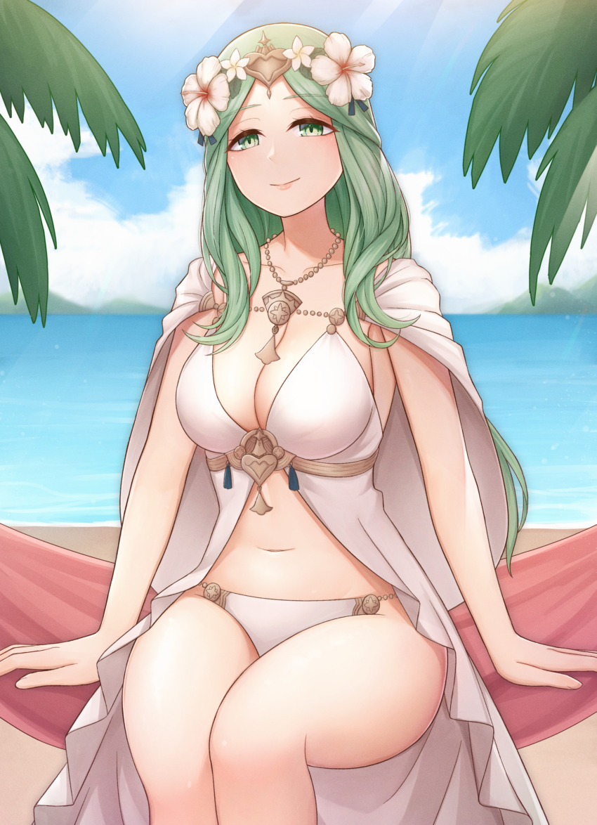 1girl absurdres atorie beach bikini blue_sky blurry blurry_background breasts cleavage cloak closed_mouth cloud collarbone fire_emblem fire_emblem:_three_houses fire_emblem_heroes flower gold_necklace green_eyes green_hair hair_flower hair_ornament hammock head_wreath highres jewelry large_breasts long_hair looking_at_viewer matching_hair/eyes navel necklace nintendo ocean official_alternate_costume outdoors palm_tree rhea_(fire_emblem) rhea_(summer)_(fire_emblem) sitting sky smile swimsuit thighs tree white_bikini white_cloak