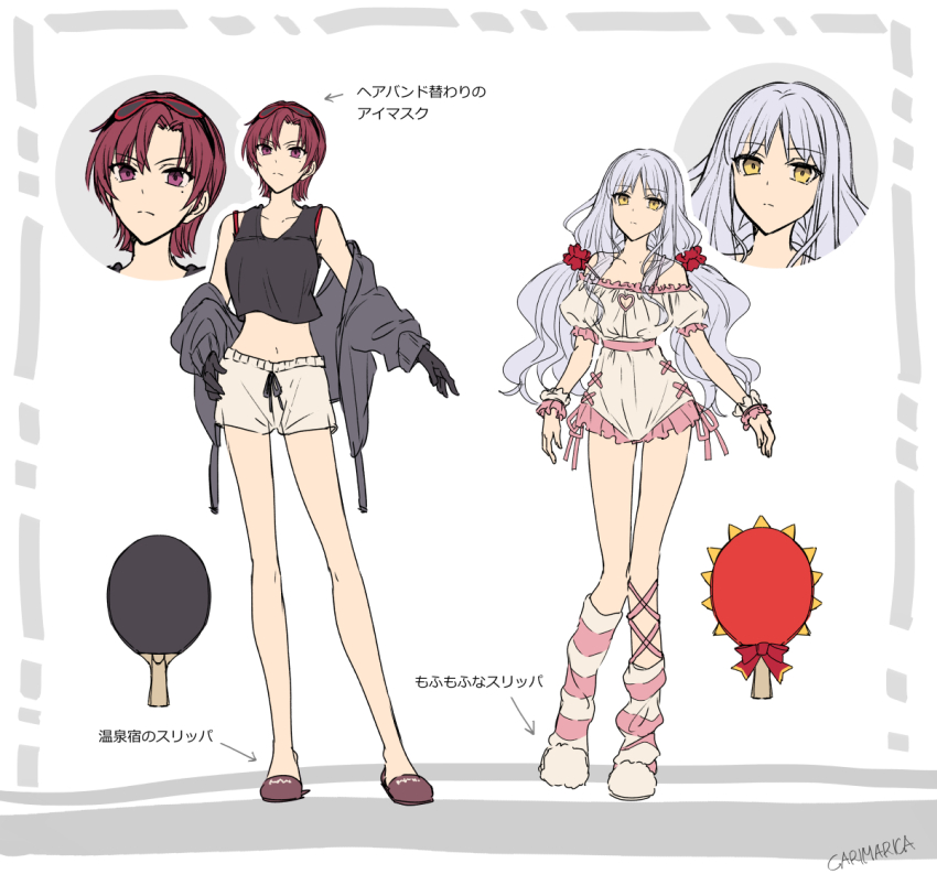 2girls bare_shoulders bazett_fraga_mcremitz black_gloves black_jacket black_tank_top breasts caren_hortensia caren_hortensia_(amor_caren) carimarica reference_sheet dress fate/grand_order fate_(series) gloves jacket large_breasts long_hair long_sleeves low_twintails manannan_mac_lir_(fate) medium_breasts multiple_girls off_shoulder paddle parted_bangs red_eyes red_hair short_dress short_hair short_sleeves shorts socks table_tennis_paddle tank_top translation_request twintails wavy_hair white_dress white_hair white_shorts white_socks yellow_eyes