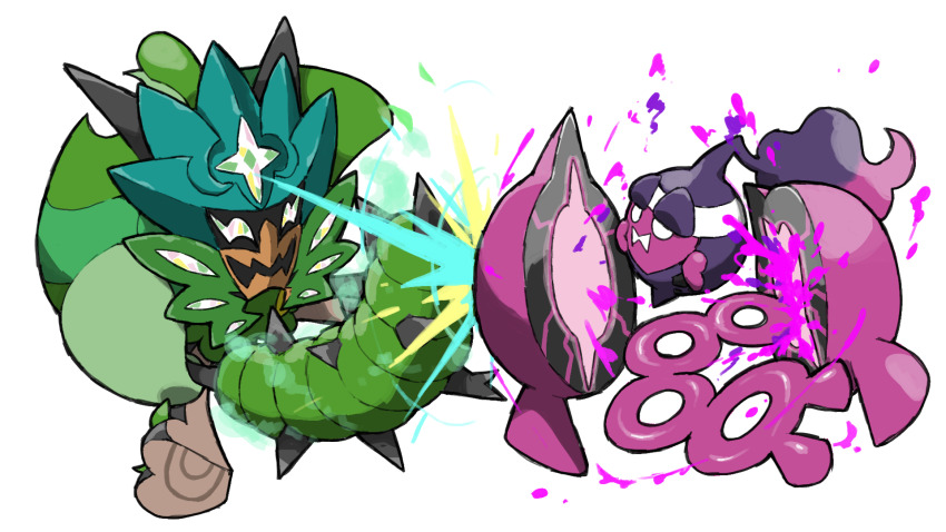 battle blacknirrow club club_(weapon) commentary eye_contact green_mask highres holding holding_club holding_weapon ivy_cudgel_(pokemon) looking_at_another mask nintendo no_humans ogerpon ogerpon_(teal_mask) pecharunt pokemon pokemon_(creature) pokemon_focus spiked_club weapon white_eyes