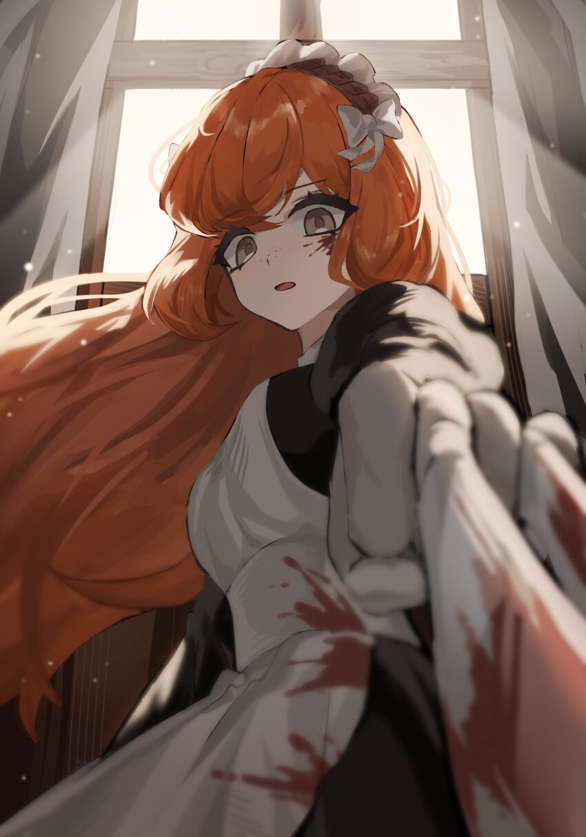 apron black_dress blood blood_on_clothes blood_on_face bloody_weapon claw_(weapon) cowboy_shot dress flaqjtmfmf freckles from_below gloves green_eyes highres indoors ishmael_(project_moon) limbus_company long_hair looking_at_viewer maid orange_hair project_moon very_long_hair weapon white_apron white_gloves window wuthering_heights_(identity)_(project_moon)