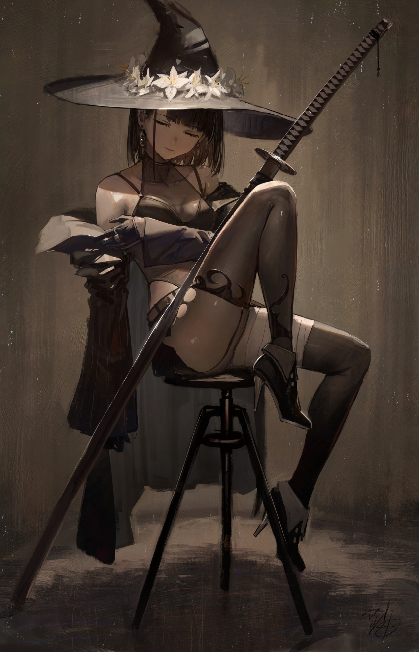 1girl absurdres bandage_on_leg bare_shoulders black_bra black_coat black_gloves black_hair black_shoes black_skirt black_thighhighs bra breasts cleavage closed_eyes closed_mouth coat commentary ear_ornament flower gloves hat hat_flower hidulume high_heels highres jewelry leg_up long_sleeves medium_breasts medium_hair multiple_rings ootachi open_clothes open_coat original ring see-through_bodystocking shoes sitting skirt solo thighhighs underwear witch_hat
