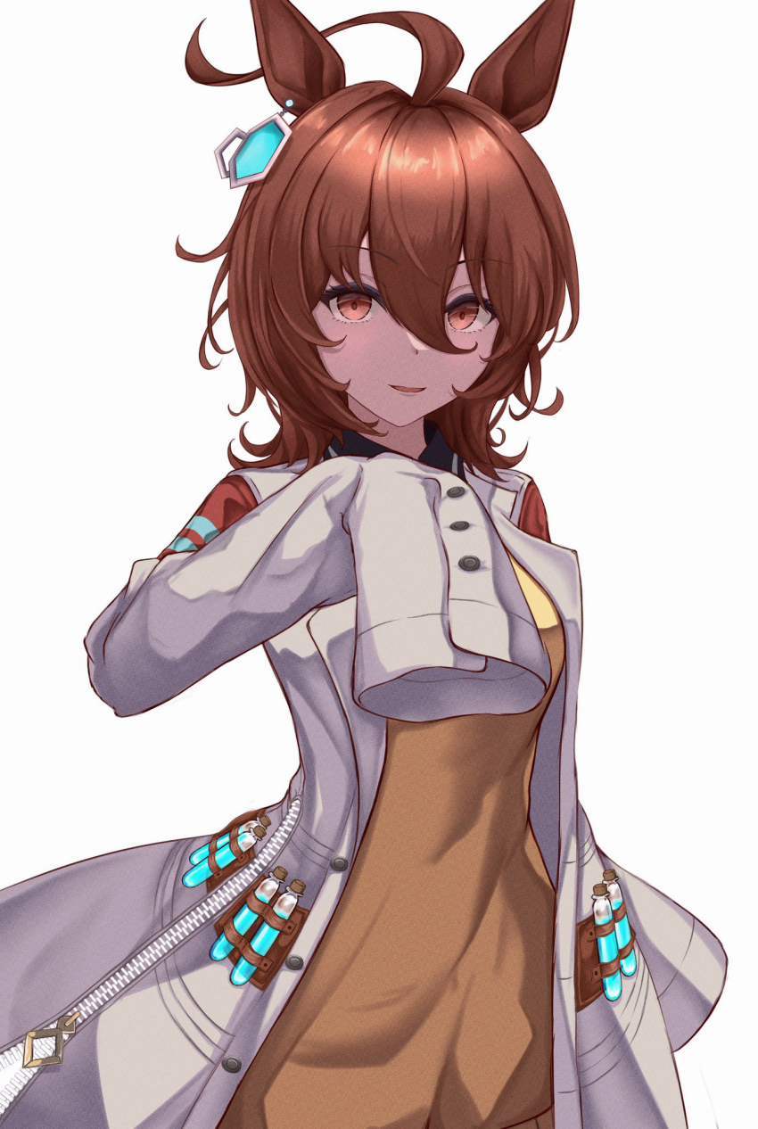 1girl agnes_tachyon_(umamusume) ahoge animal_ears breasts brown_hair coat collar commentary_request cork earrings hair_between_eyes highres horse_ears horse_girl jewelry lab_coat long_sleeves looking_at_viewer medium_breasts open_clothes open_coat parted_lips peperoncino-sama short_hair simple_background single_earring sleeves_past_fingers sleeves_past_wrists smile solo sweater_vest test_tube umamusume very_long_sleeves white_background white_coat yellow_sweater_vest