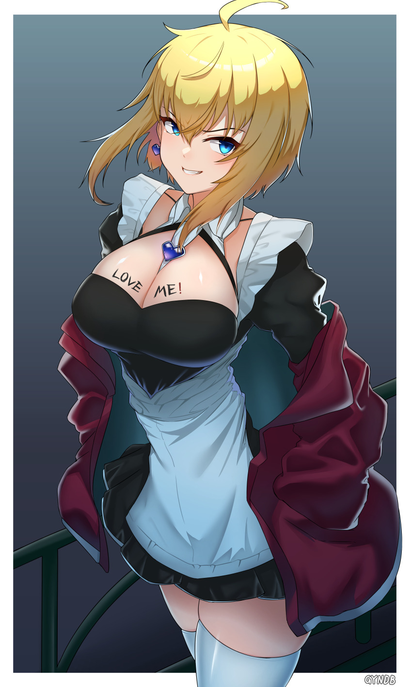 absurdres amy_strickland blonde_hair blue_eyes brooch counter:side earrings gyndb heart heart_brooch heart_earrings highres jewelry maid_unfiorm royalmonkey smirk thighhighs writing_on_breasts