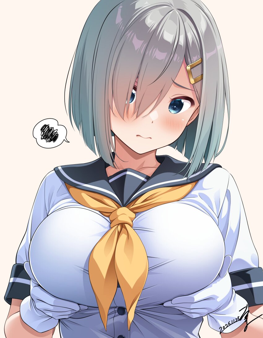 1girl absurdres blue_eyes blush breasts dated embarrassed gloves grabbing_own_breast grey_hair grey_sailor_collar hair_ornament hair_over_one_eye hairclip hamakaze_(kancolle) highres kantai_collection large_breasts looking_at_viewer neckerchief sailor_collar school_uniform serafuku short_hair short_sleeves signature solo takuma_(takumo7121) white_gloves yellow_neckerchief