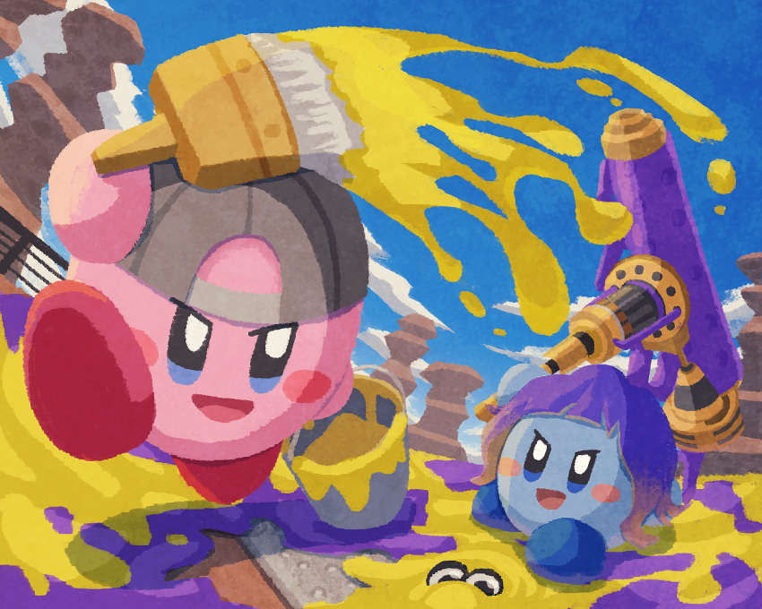 backwards_hat baseball_cap blue_background blue_eyes blue_footwear blush_stickers copy_ability dynamo_roller_(splatoon) grey_headwear hat inkling inkling_(swim_form) inkling_player_character kirby kirby_(series) miclot nintendo no_humans open_mouth paint_kirby pink_shoes purple_hair shoes simple_background splatoon_(series) splatoon_3 squid v-shaped_eyebrows
