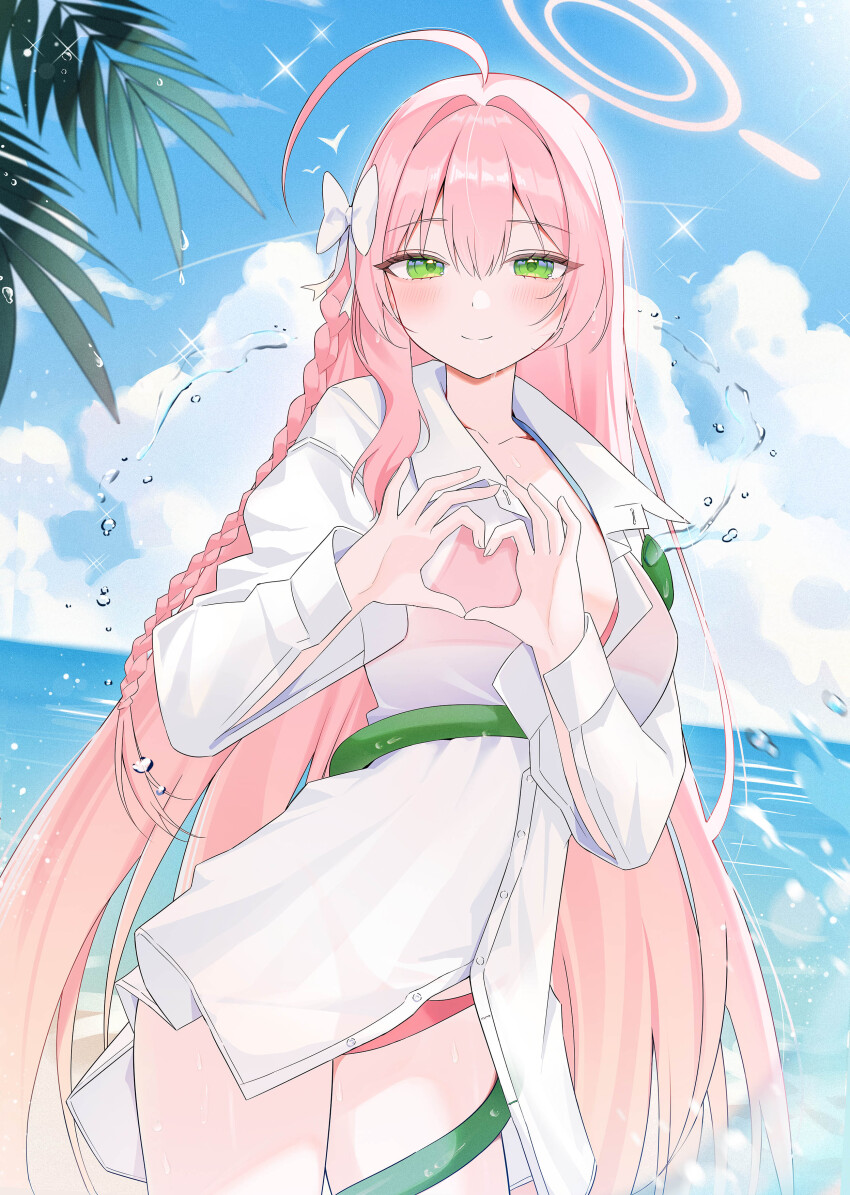 1girl absurdres ahoge beach bikini bikini_top_under_shirt bikini_under_clothes blue_archive blue_sky blush bow braid breasts cleavage closed_mouth cloud cloudy_sky commentary day four-finger_heart_hands green_eyes hair_between_eyes hair_bow hair_intakes halo hanako_(blue_archive) hanako_(swimsuit)_(blue_archive) heart heart_hands highres hose large_breasts long_hair long_sleeves looking_at_viewer ocean official_alternate_costume outdoors pink_bikini pink_hair pink_halo single_braid sky smile solo swimsuit symbol-only_commentary thighs water wet white_bow yagen_(user_mxur3238)