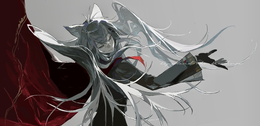 1girl absurdres animal_ears arknights black_gloves black_jacket cape character_name closed_mouth gloves grey_background grey_eyes grey_hair hair_ornament hair_wings hairclip highres jacket kuma_(yoooooooo152) lappland_(arknights) lappland_the_decadenza_(arknights) long_hair looking_back pale_skin red_cape smile solo very_long_hair wolf_ears