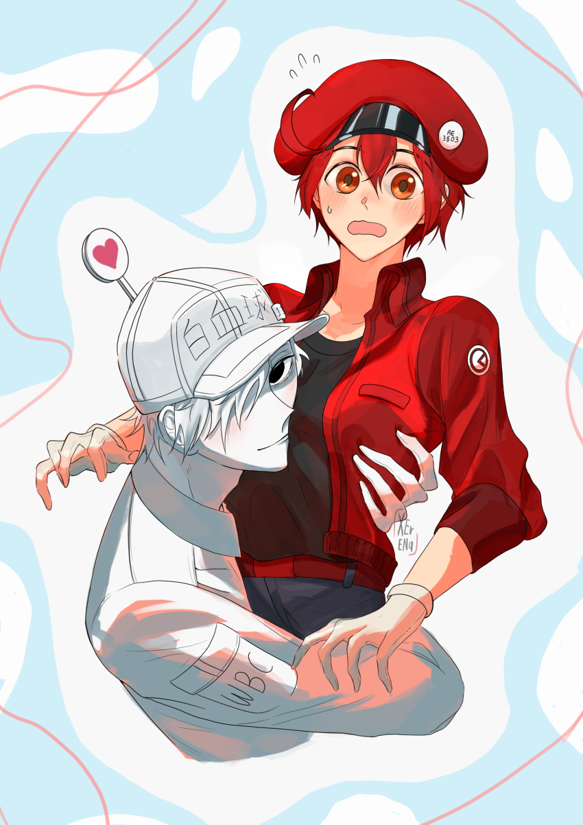 1boy 1girl absurdres ae-3803 ahoge arms_around_waist badge baseball_cap belt black_eyes black_shirt blue_background blue_shorts blush breast_pocket breasts brown_eyes button_badge character_name closed_mouth clothes_writing collarbone collared_shirt colored_skin commentary couple cropped_torso denim denim_shorts dress_shirt embarrassed empty_eyes flying_sweatdrops gloves groping hair_between_eyes hair_over_one_eye hand_on_another&#039;s_arm hand_on_another&#039;s_chest hat hat_ornament hataraku_saibou heart highres hug jacket light_smile long_sleeves looking_at_viewer medium_breasts newsboy_cap open_clothes open_jacket open_mouth pocket raised_eyebrows red_belt red_blood_cell_(hataraku_saibou) red_hair red_hat red_jacket shirt short_hair shorts sign smile spread_fingers string string_of_fate surprised sweatdrop t-shirt three-quarter_sleeves u-1146 very_short_hair wavy_mouth white_background white_blood_cell_(hataraku_saibou) white_gloves white_hair white_hat white_shirt white_skin wide-eyed xerenaeey